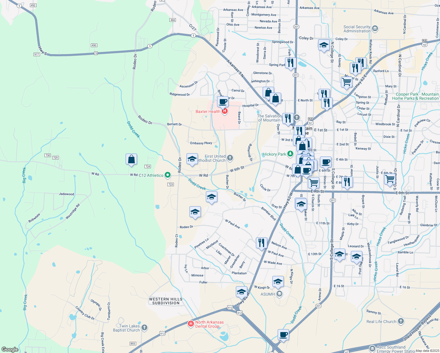 map of restaurants, bars, coffee shops, grocery stores, and more near 802 Bucher Street in Mountain Home