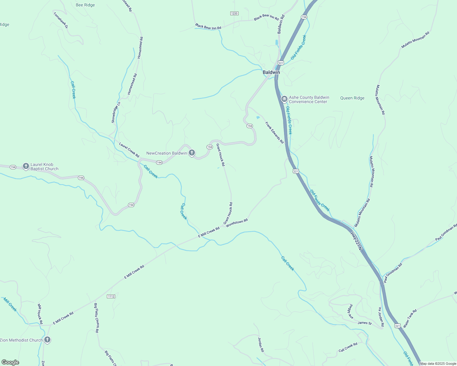 map of restaurants, bars, coffee shops, grocery stores, and more near Grant Houck Road in Ashe County