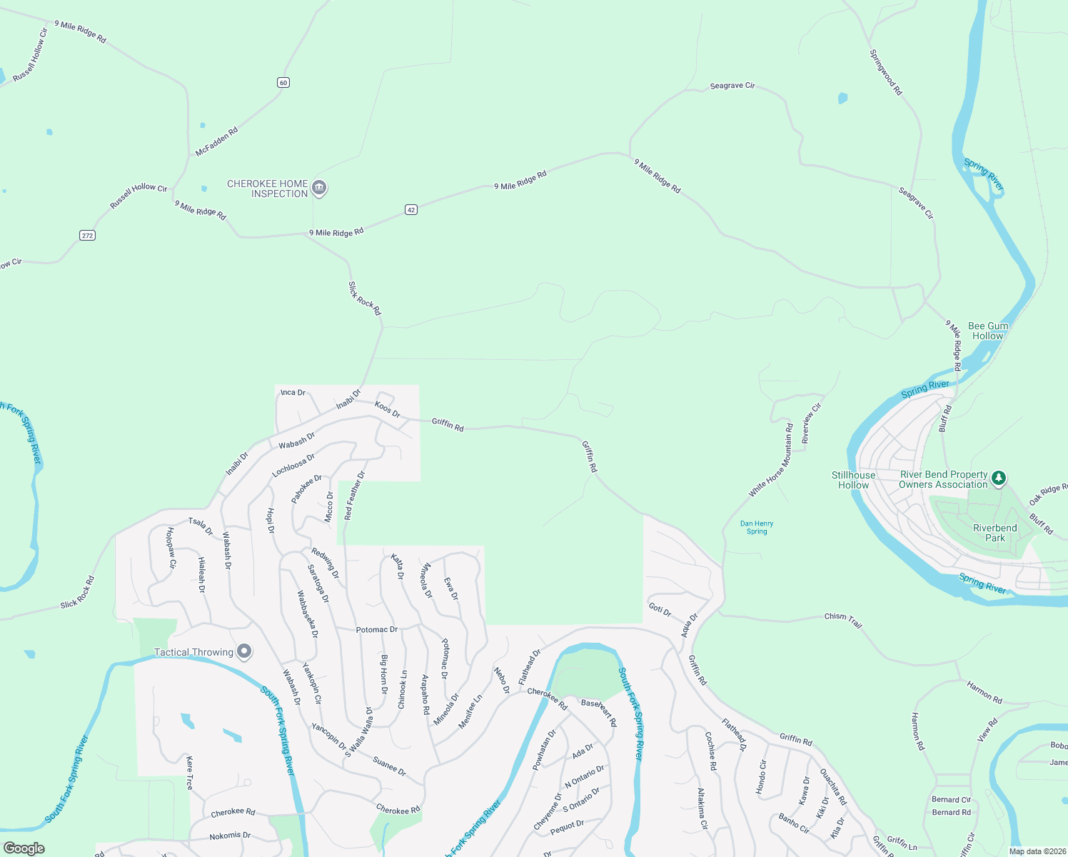 map of restaurants, bars, coffee shops, grocery stores, and more near 577 Griffin Road in Cherokee Village