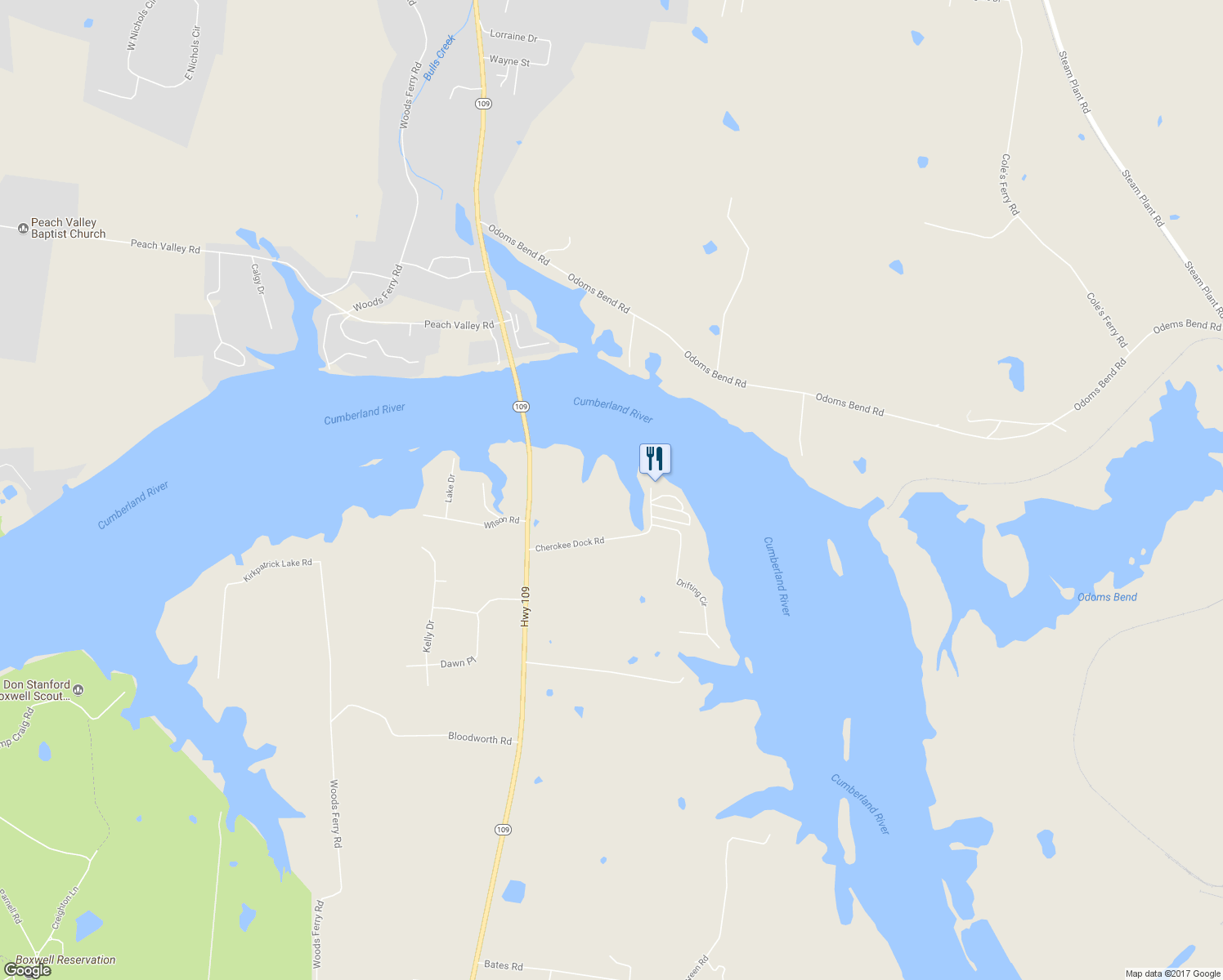 map of restaurants, bars, coffee shops, grocery stores, and more near 255 Cherokee Dock Road in Lebanon