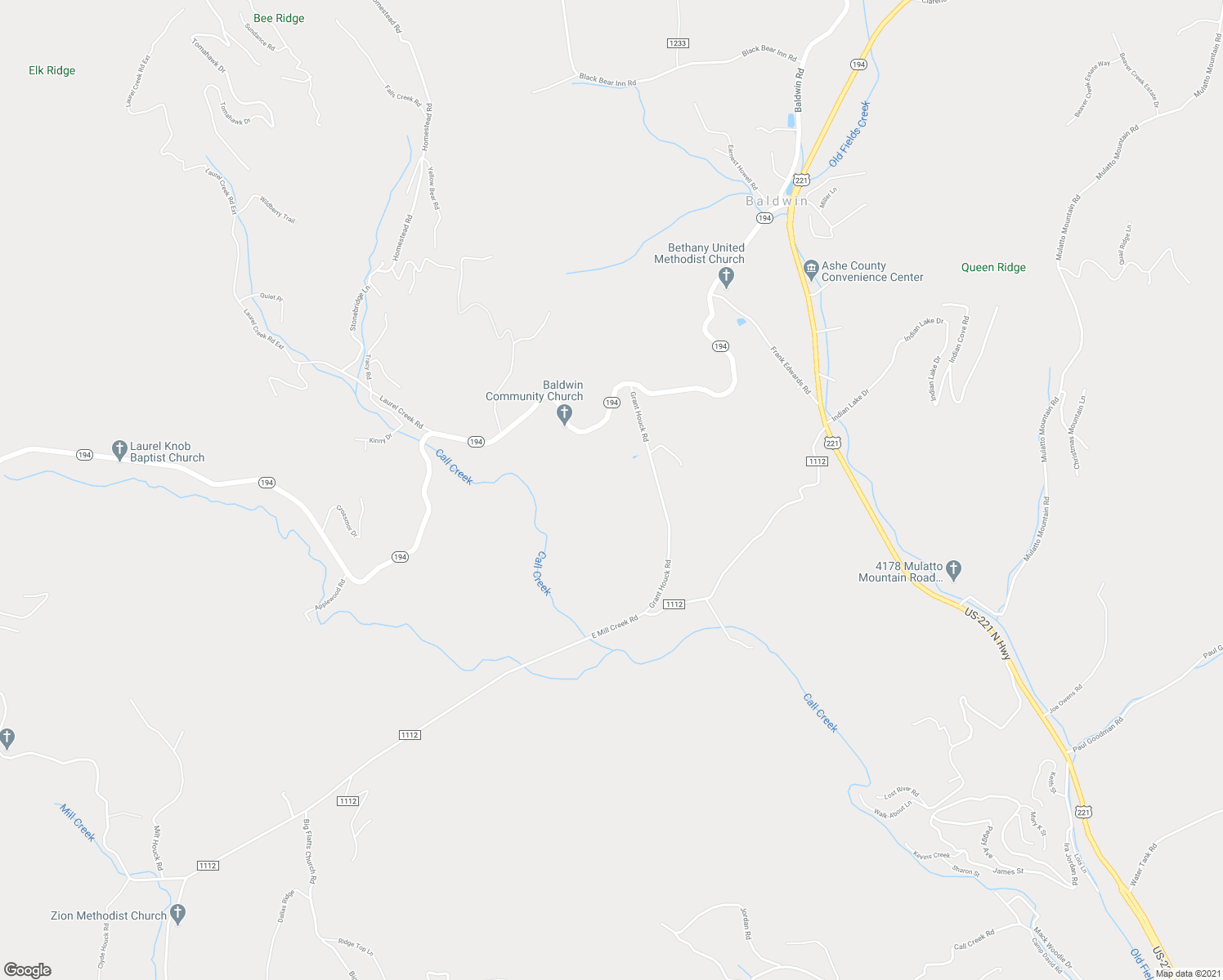 map of restaurants, bars, coffee shops, grocery stores, and more near 348 Grant Houck Road in Todd