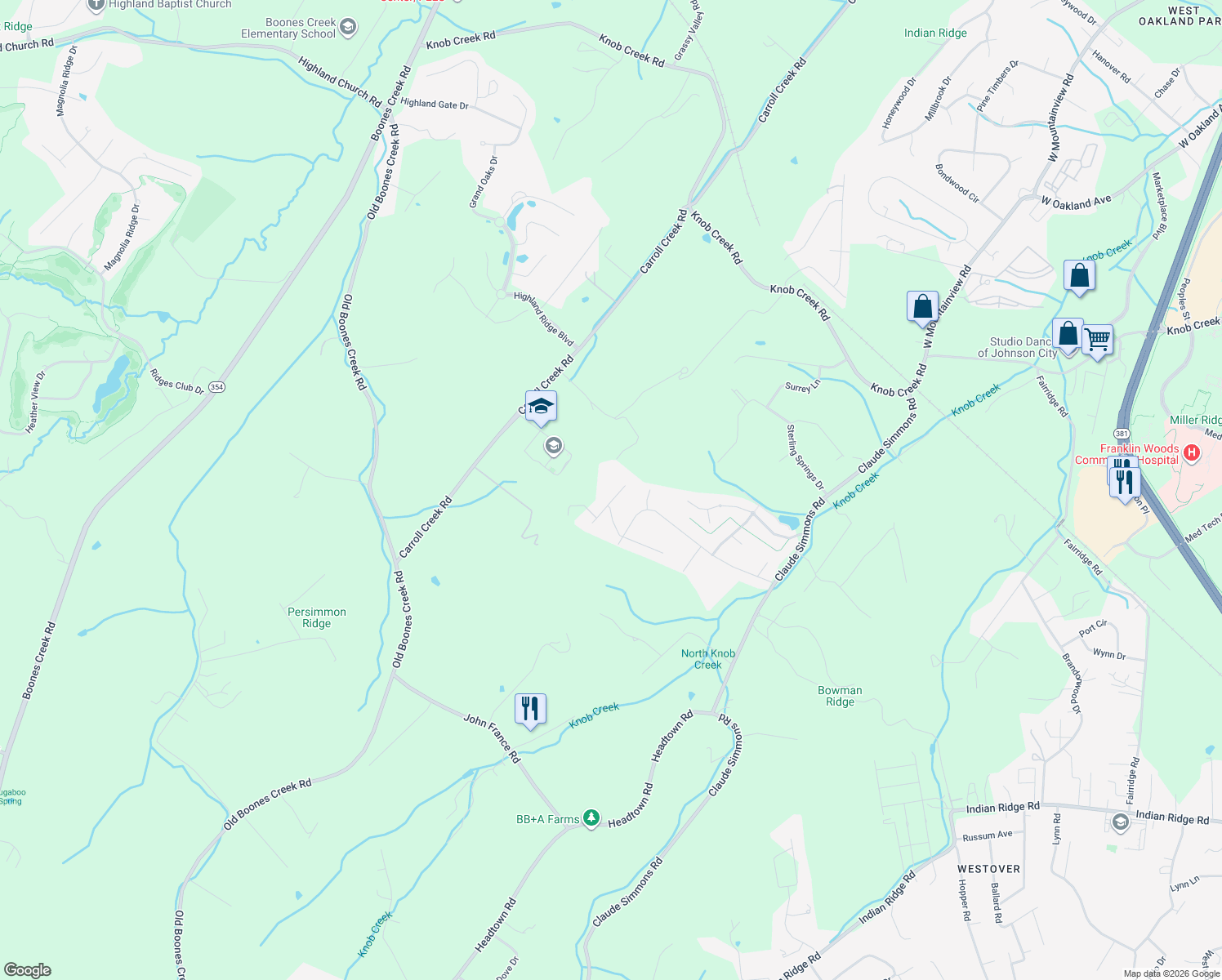 map of restaurants, bars, coffee shops, grocery stores, and more near 406 Shade Tree Way in Johnson City
