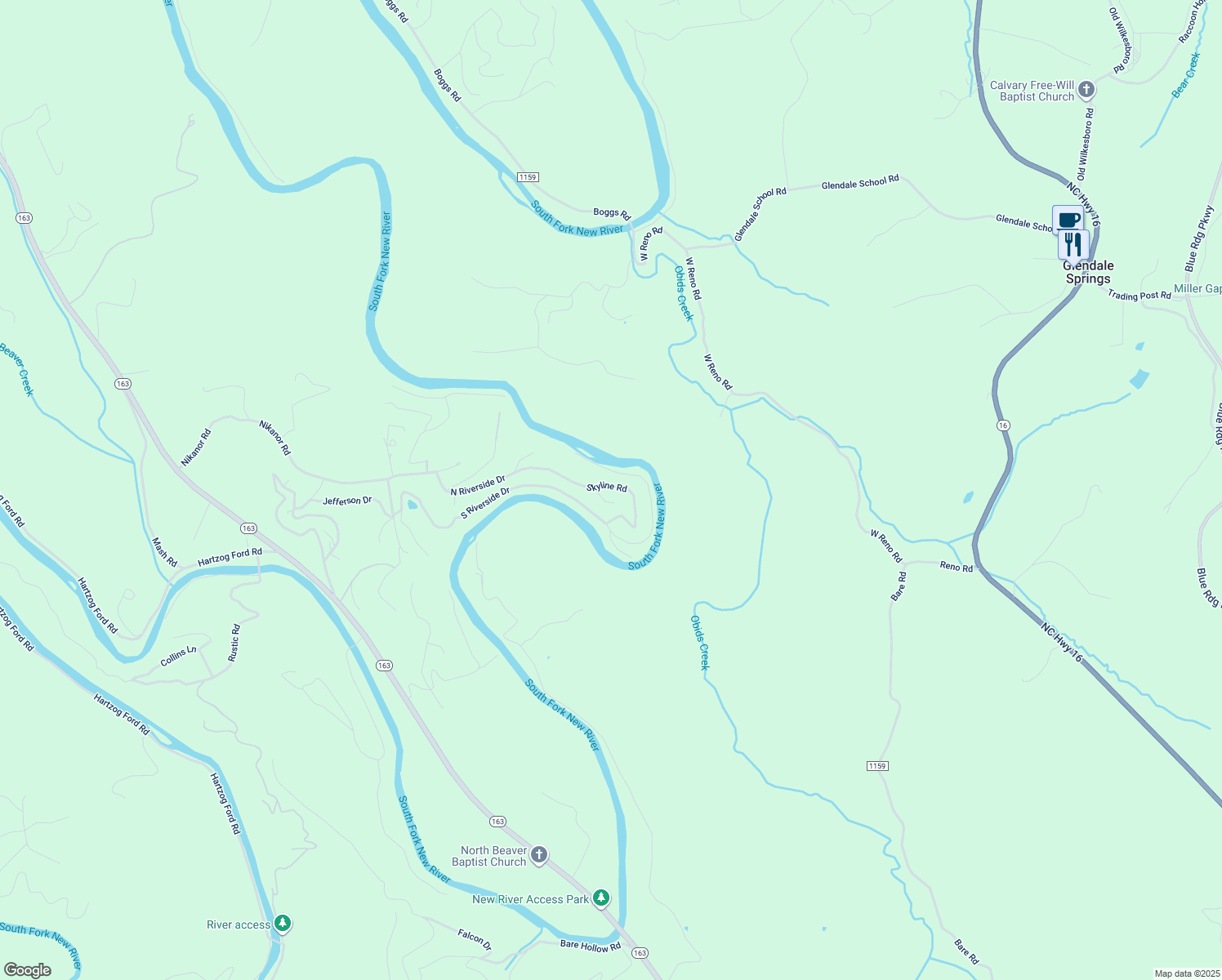 map of restaurants, bars, coffee shops, grocery stores, and more near 436 Skyline Road in West Jefferson