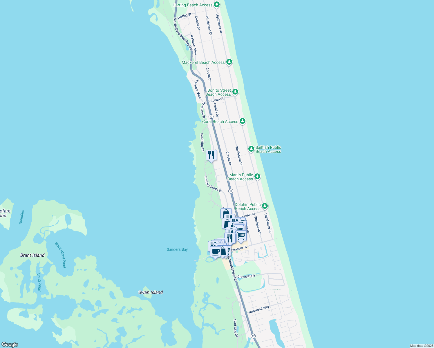 map of restaurants, bars, coffee shops, grocery stores, and more near 853 Sea Cliff Court in Corolla