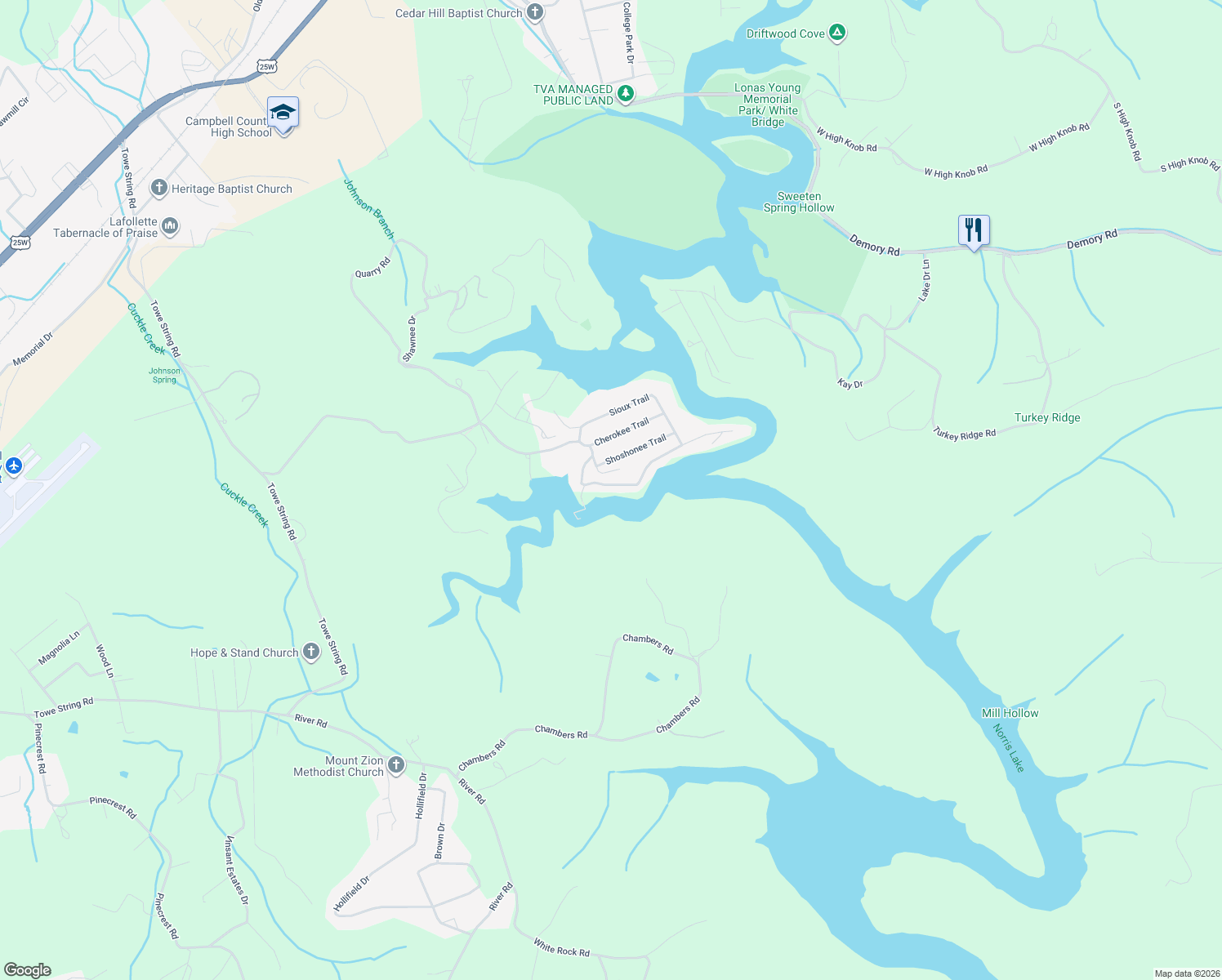 map of restaurants, bars, coffee shops, grocery stores, and more near 780 Indian River Boat Dock Road in Jacksboro