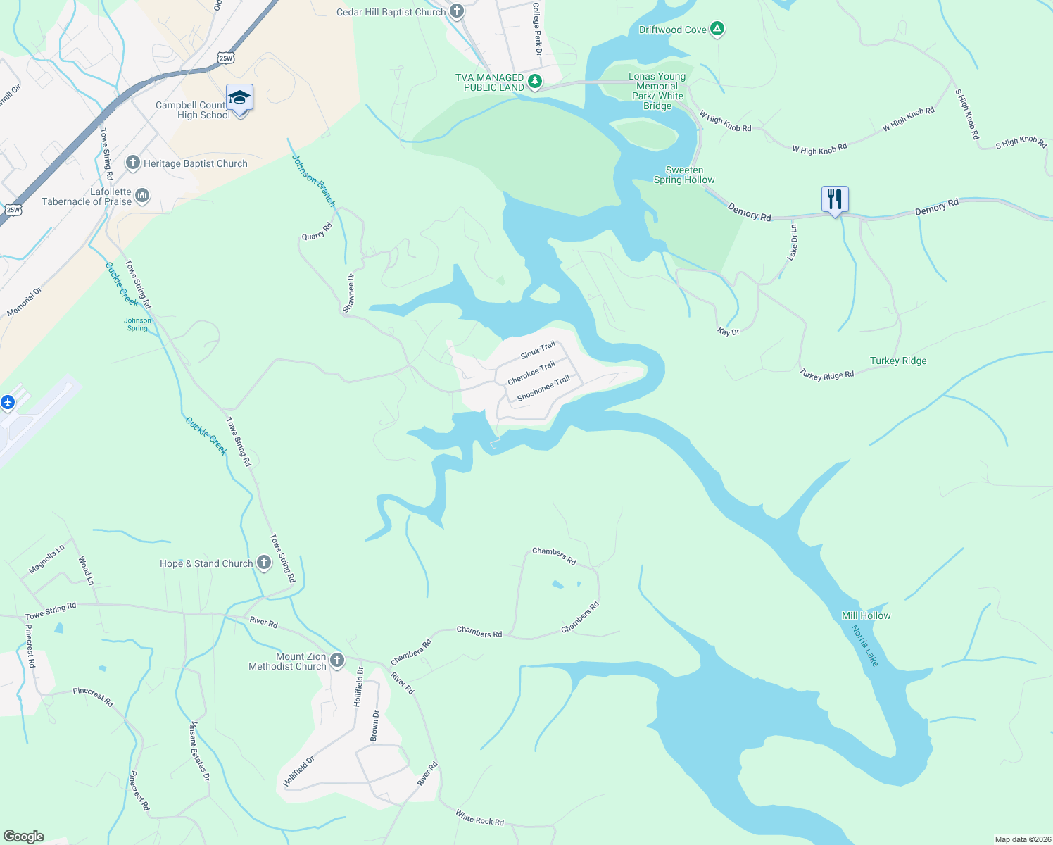map of restaurants, bars, coffee shops, grocery stores, and more near 780 Indian River Boat Dock Road in Jacksboro