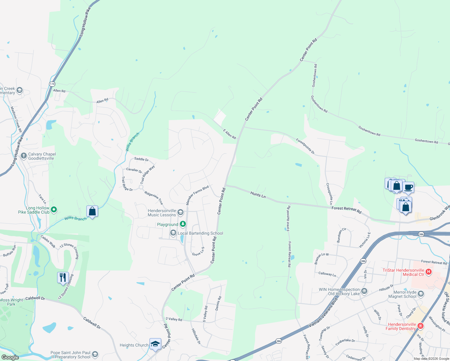 map of restaurants, bars, coffee shops, grocery stores, and more near 567 Center Point Road in Hendersonville