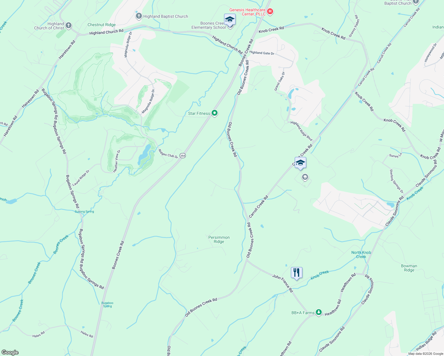 map of restaurants, bars, coffee shops, grocery stores, and more near 134 Eisenhower Road in Jonesborough