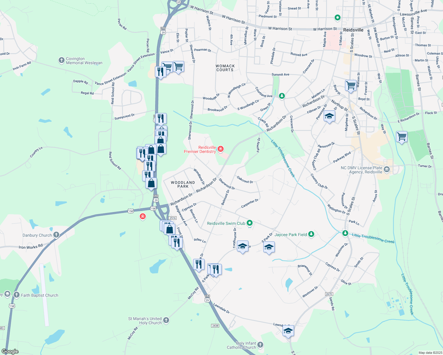 map of restaurants, bars, coffee shops, grocery stores, and more near 1929 Richardson Drive in Reidsville