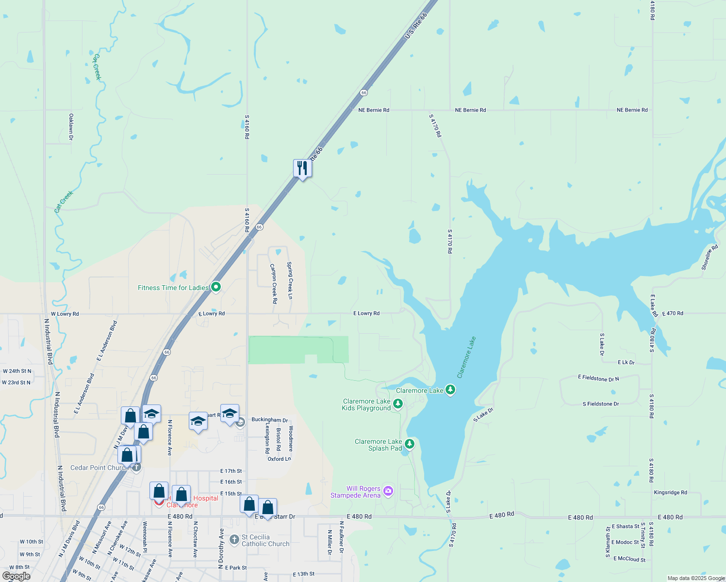 map of restaurants, bars, coffee shops, grocery stores, and more near 13475 East 470 Road in Claremore
