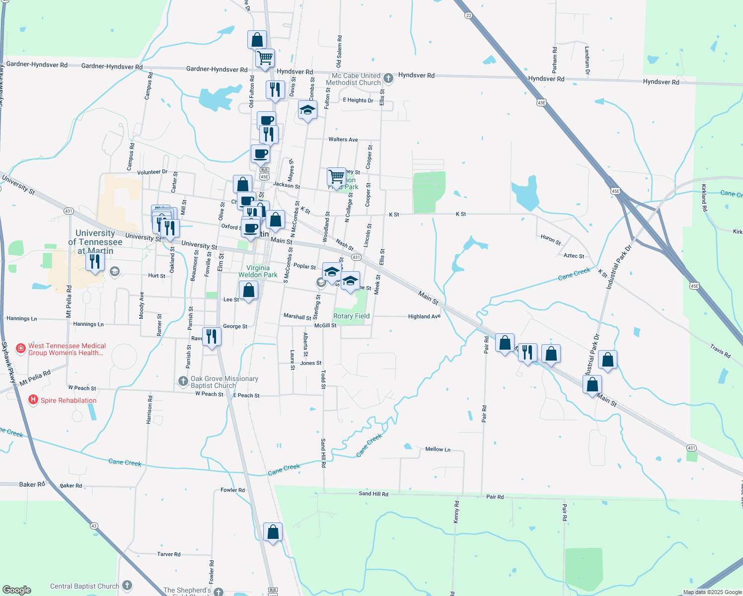 map of restaurants, bars, coffee shops, grocery stores, and more near 127 Meek Street in Martin