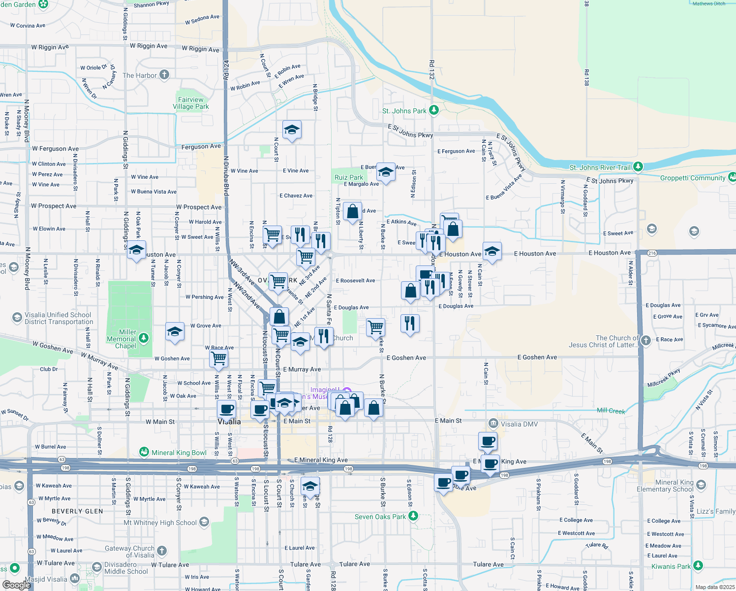 map of restaurants, bars, coffee shops, grocery stores, and more near 748 East Douglas Avenue in Visalia