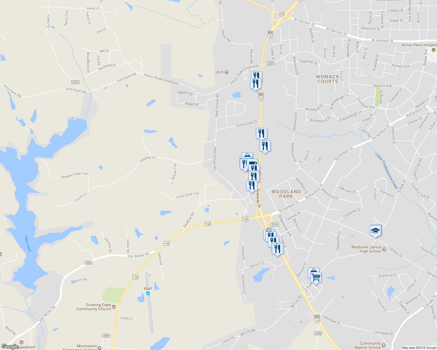 map of restaurants, bars, coffee shops, grocery stores, and more near 2722 Reid School Road in Reidsville