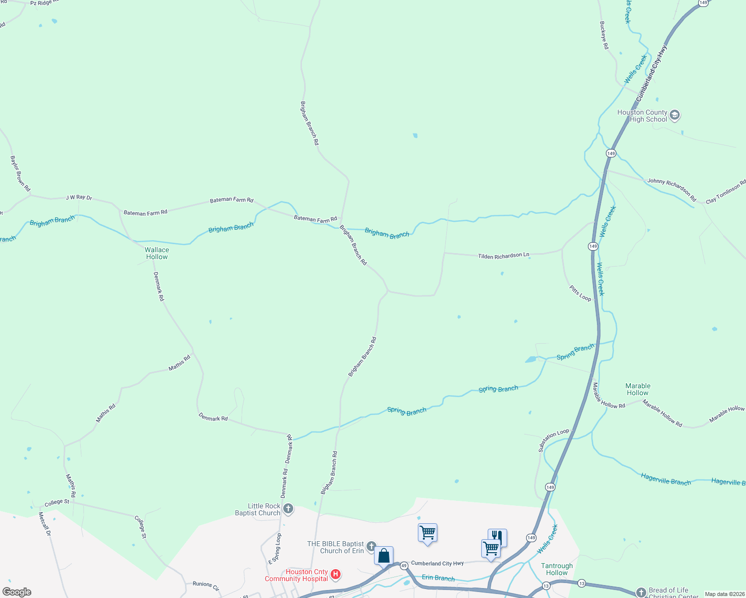 map of restaurants, bars, coffee shops, grocery stores, and more near Brigham Branch Road in Erin