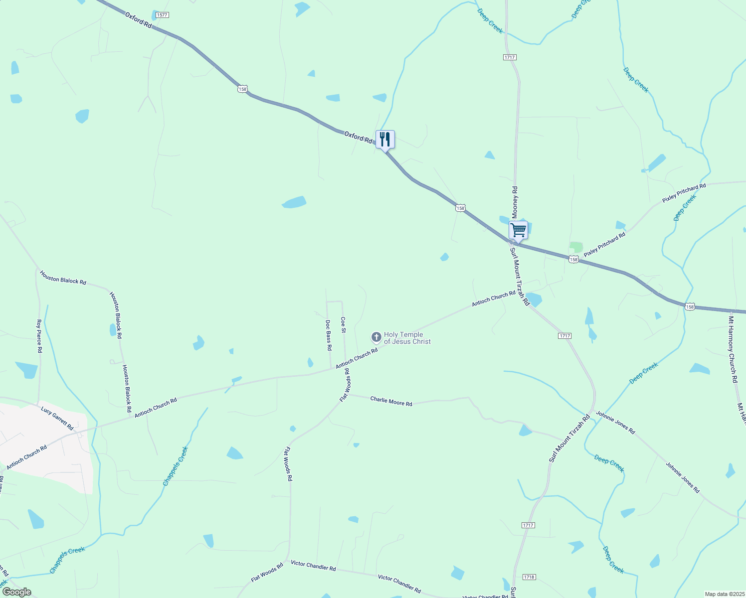 map of restaurants, bars, coffee shops, grocery stores, and more near 288 R B Dawes Road in Timberlake