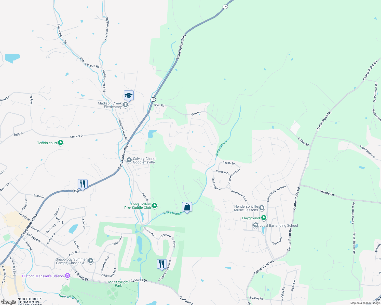 map of restaurants, bars, coffee shops, grocery stores, and more near 456 Old Stone Road in Goodlettsville
