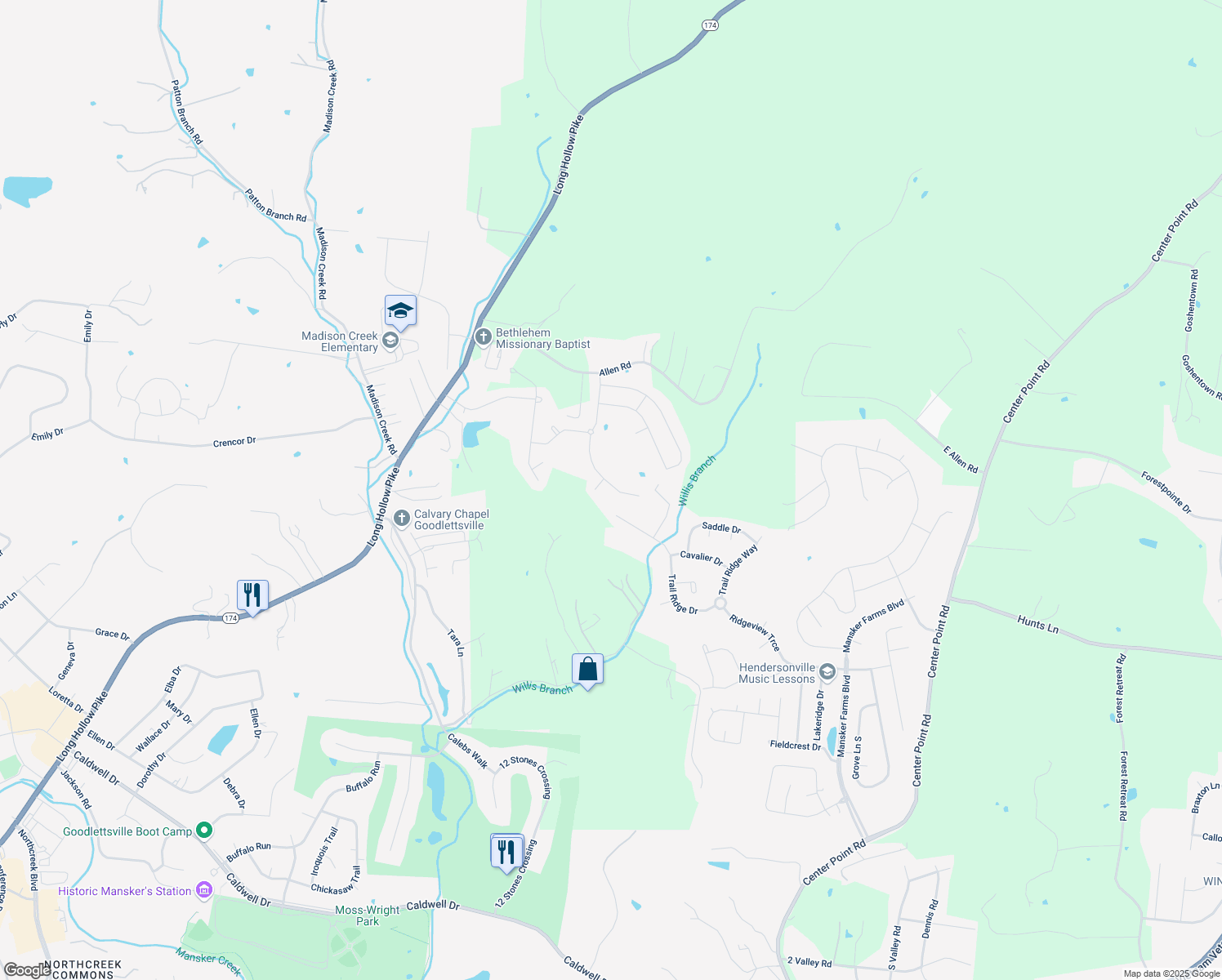 map of restaurants, bars, coffee shops, grocery stores, and more near 437 Old Stone Road in Goodlettsville