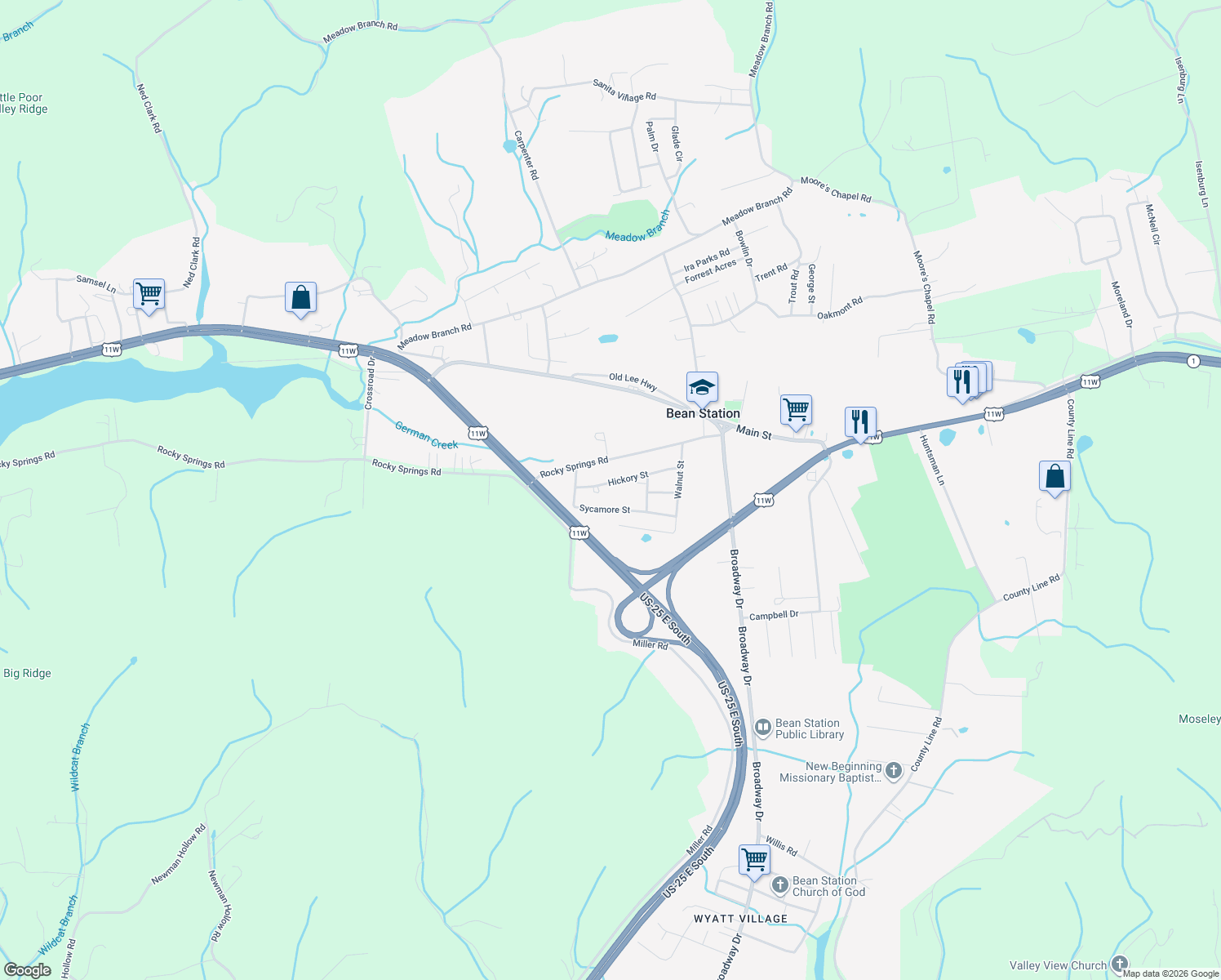 map of restaurants, bars, coffee shops, grocery stores, and more near 275 Hickory St in Bean Station
