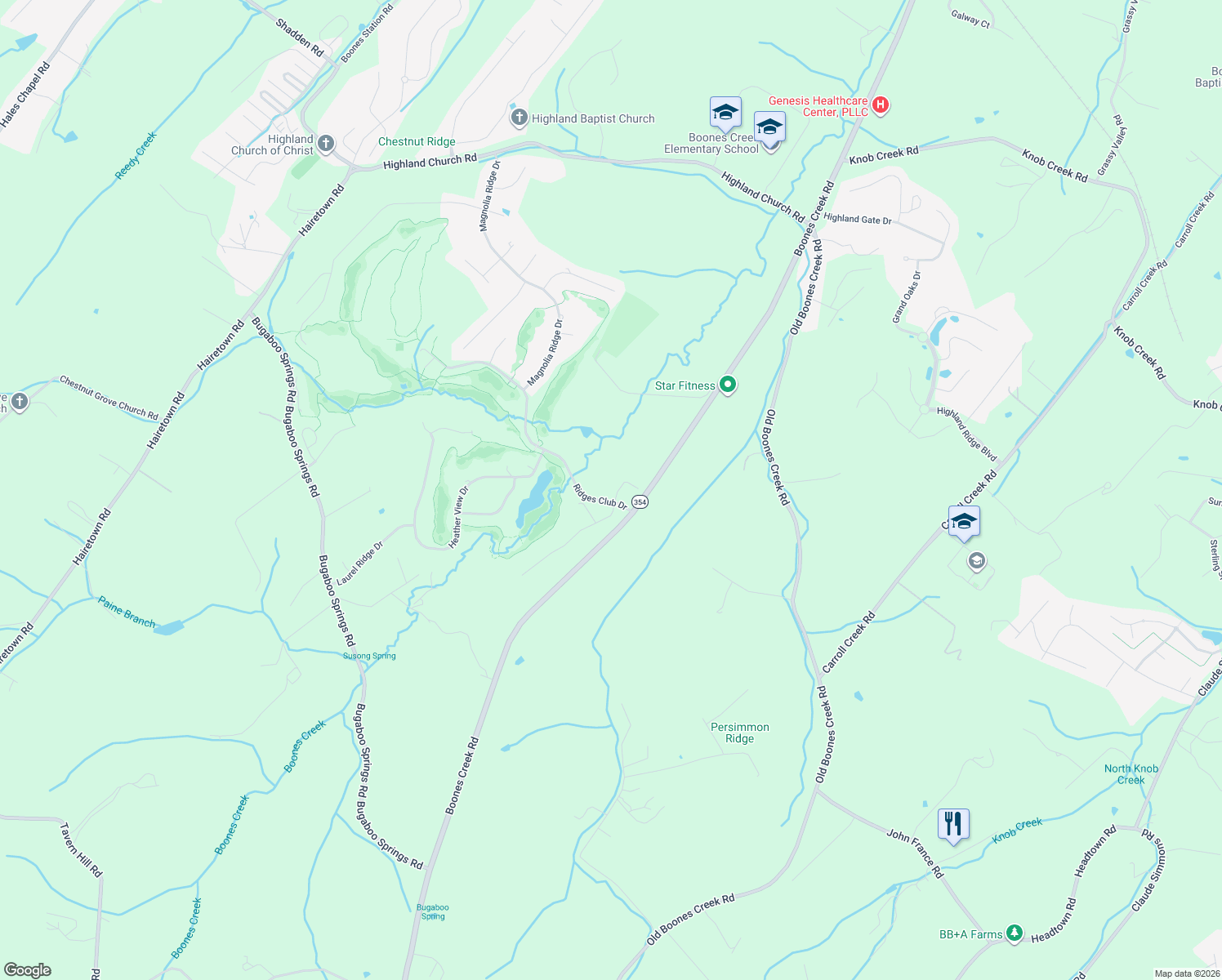 map of restaurants, bars, coffee shops, grocery stores, and more near 29 Cypress Ridge Court in Jonesborough