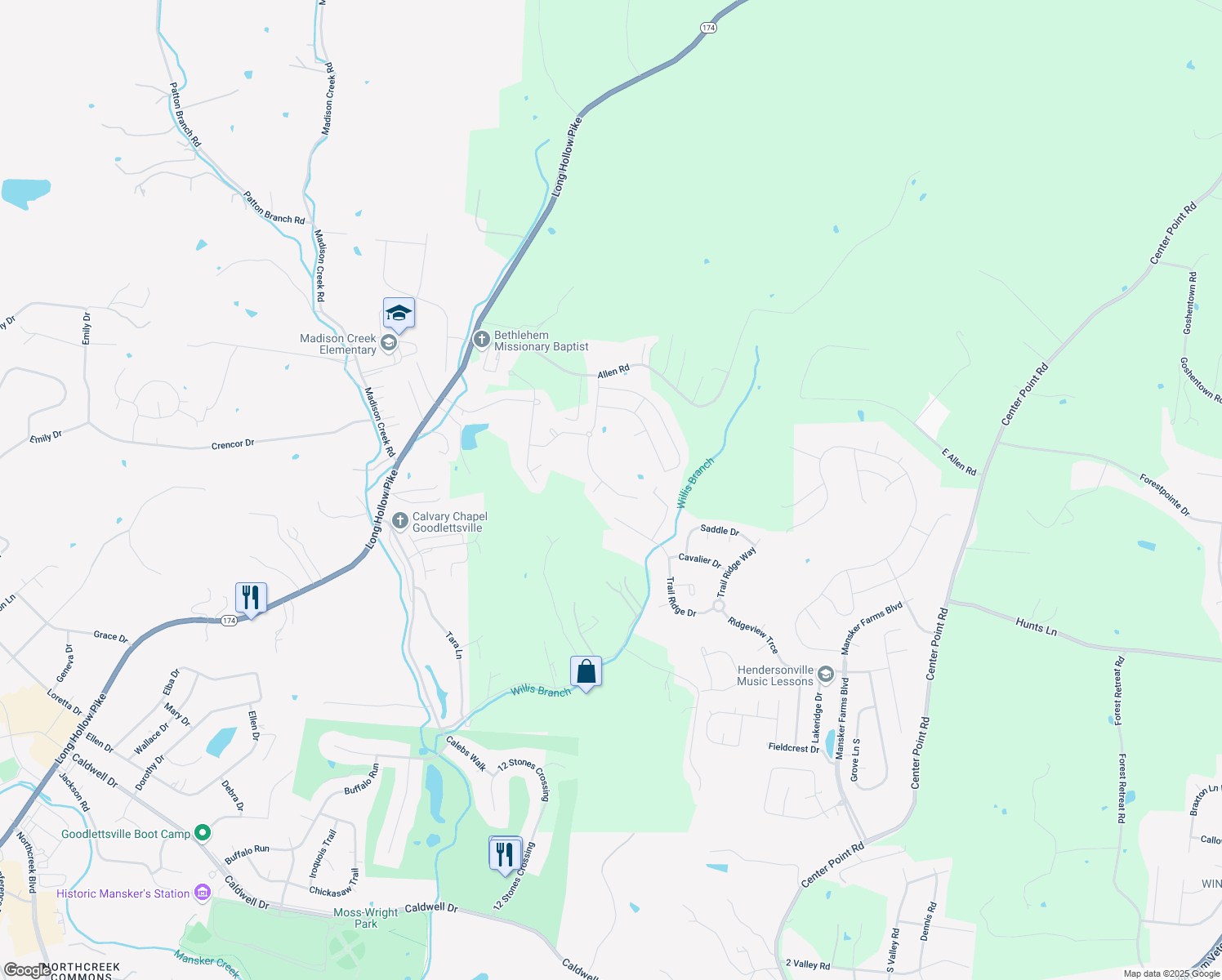 map of restaurants, bars, coffee shops, grocery stores, and more near 437 Old Stone Road in Goodlettsville