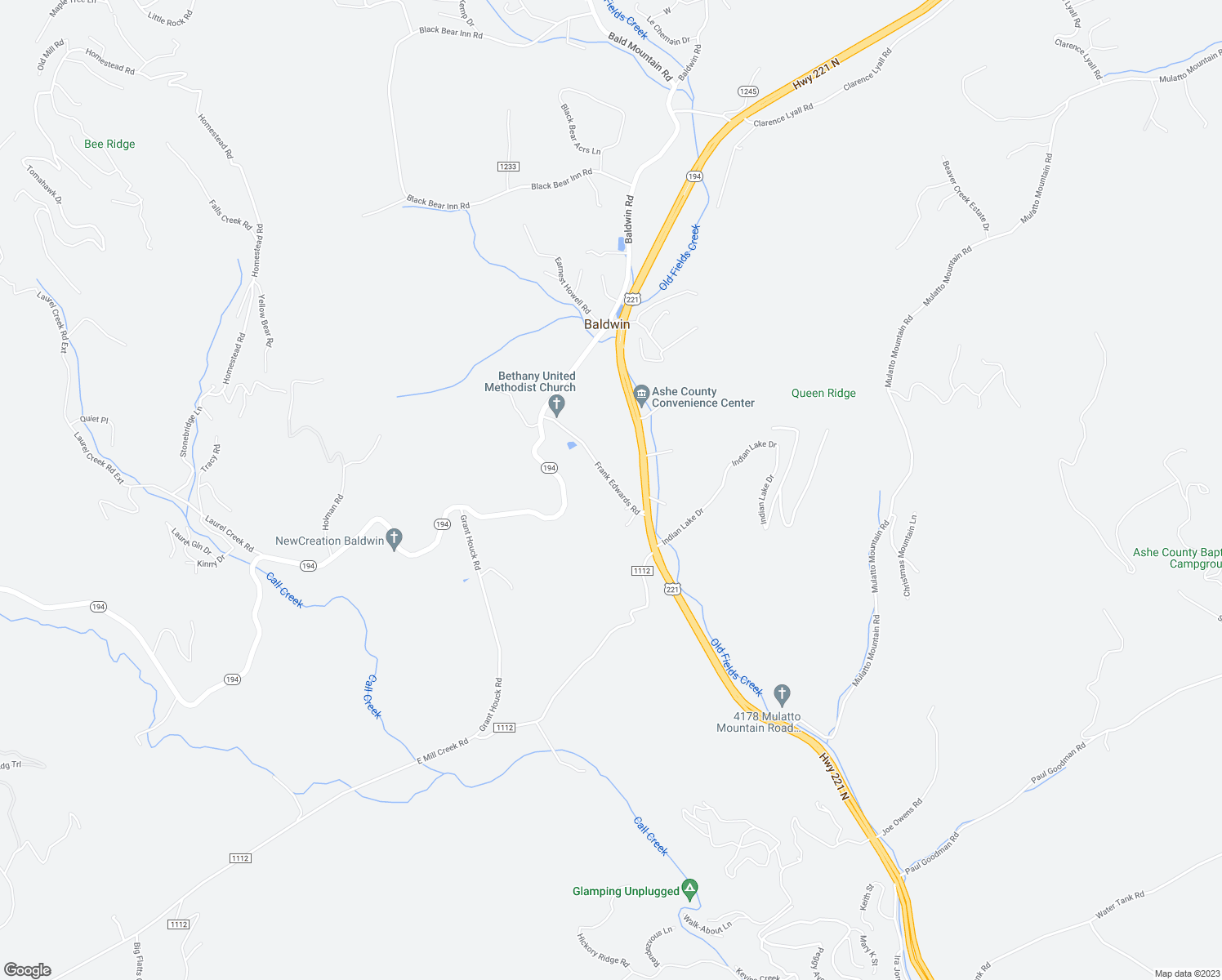 map of restaurants, bars, coffee shops, grocery stores, and more near Frank Edwards Road in Ashe County