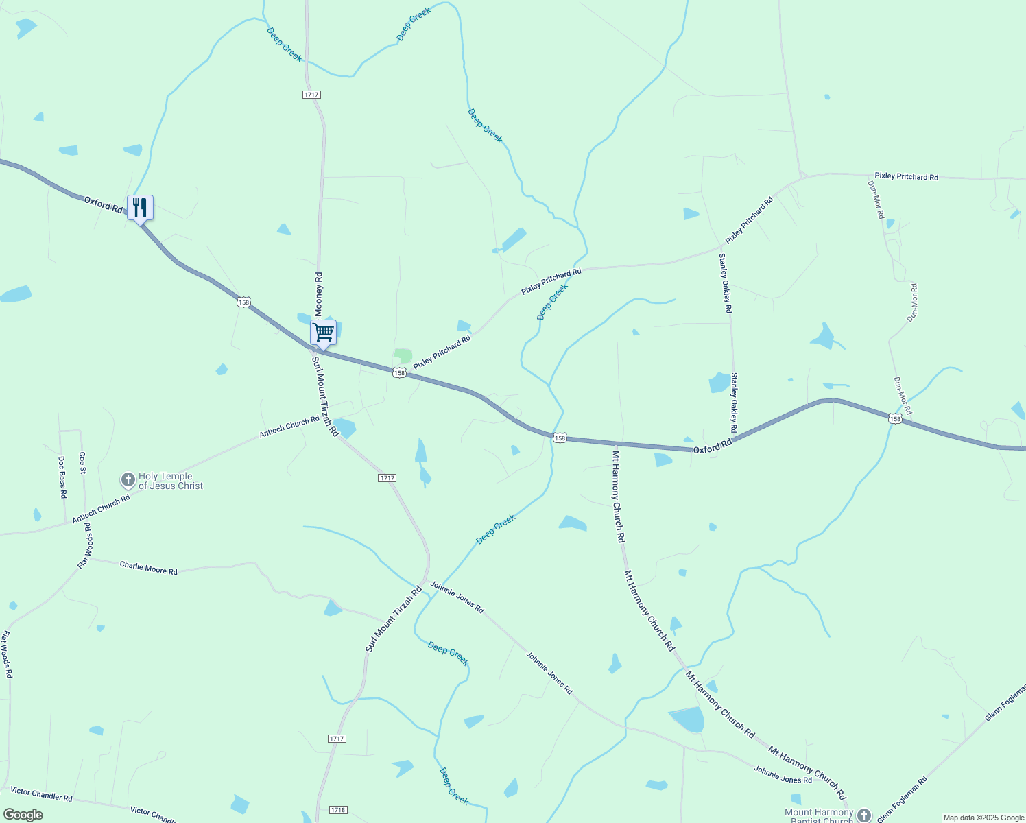 map of restaurants, bars, coffee shops, grocery stores, and more near 5835 Oxford Road in Timberlake