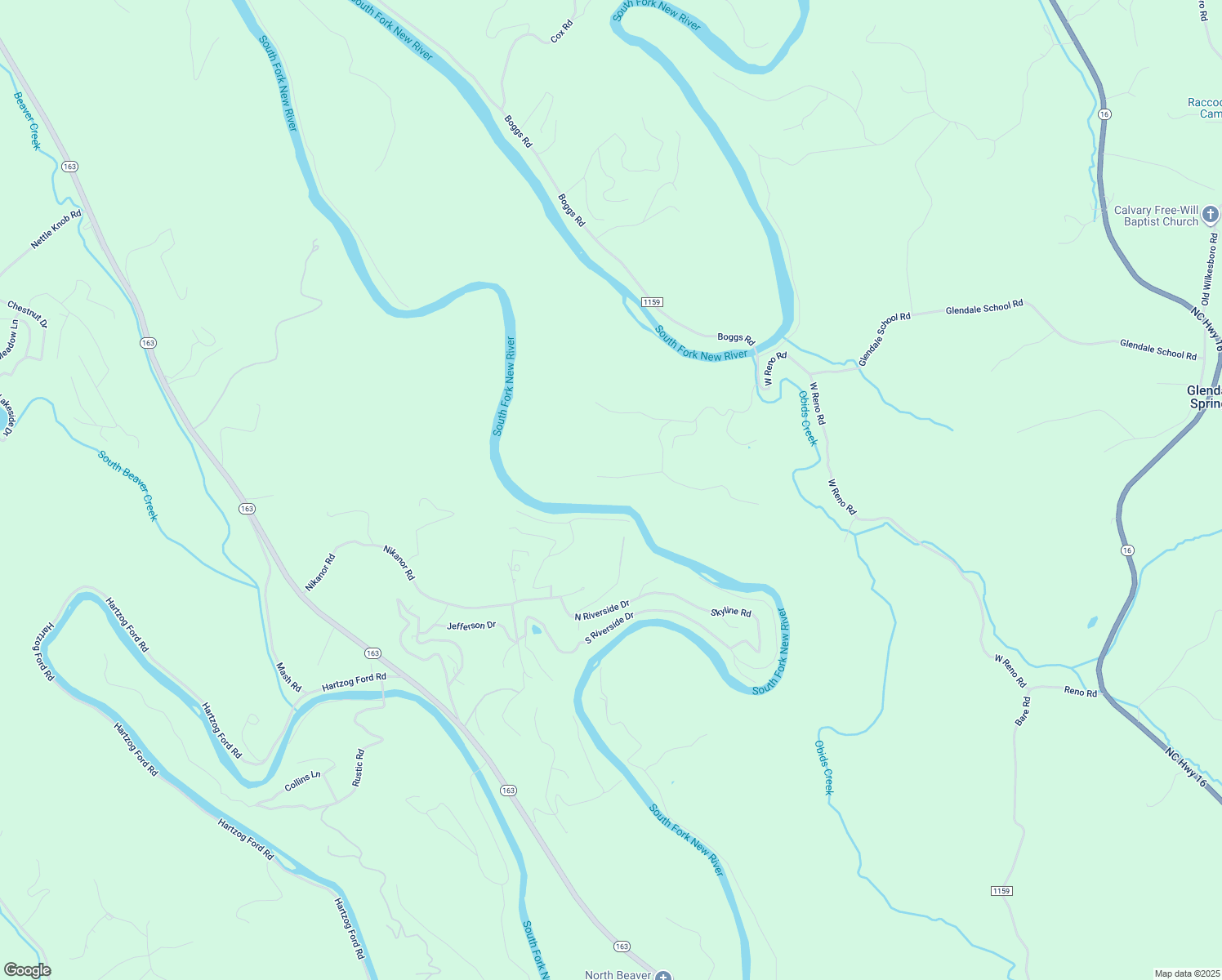 map of restaurants, bars, coffee shops, grocery stores, and more near Riverwood Drive in Ashe County