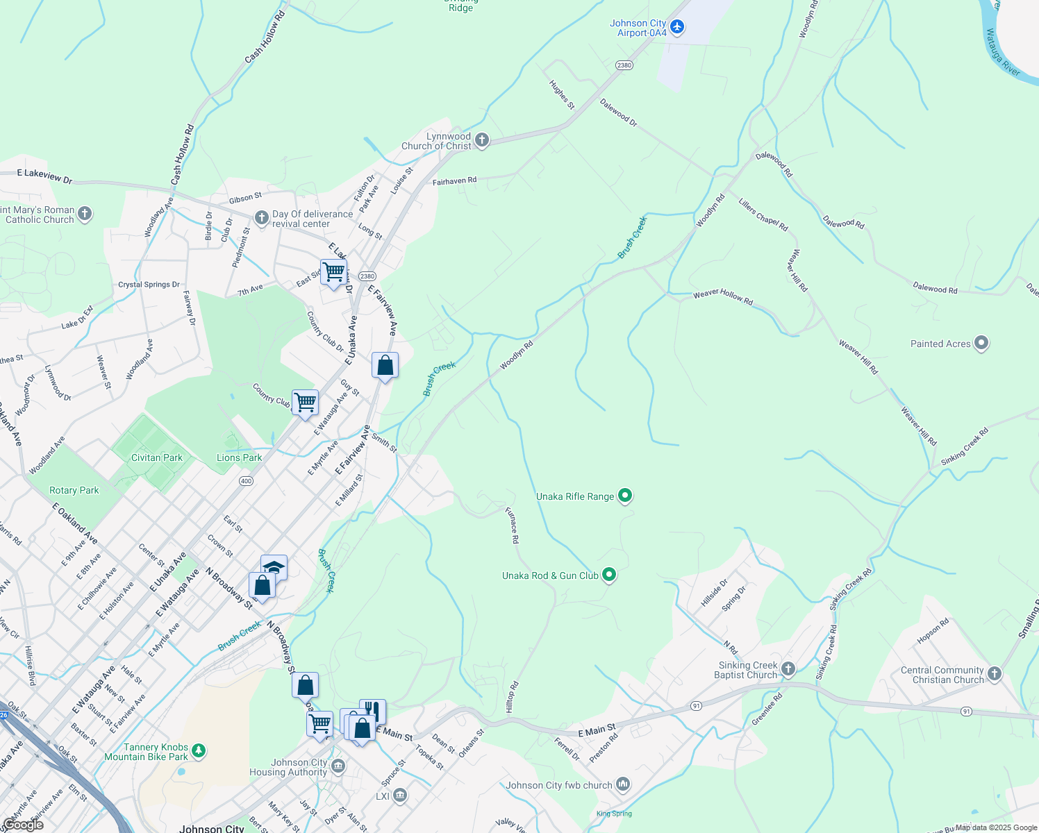 map of restaurants, bars, coffee shops, grocery stores, and more near in Johnson City