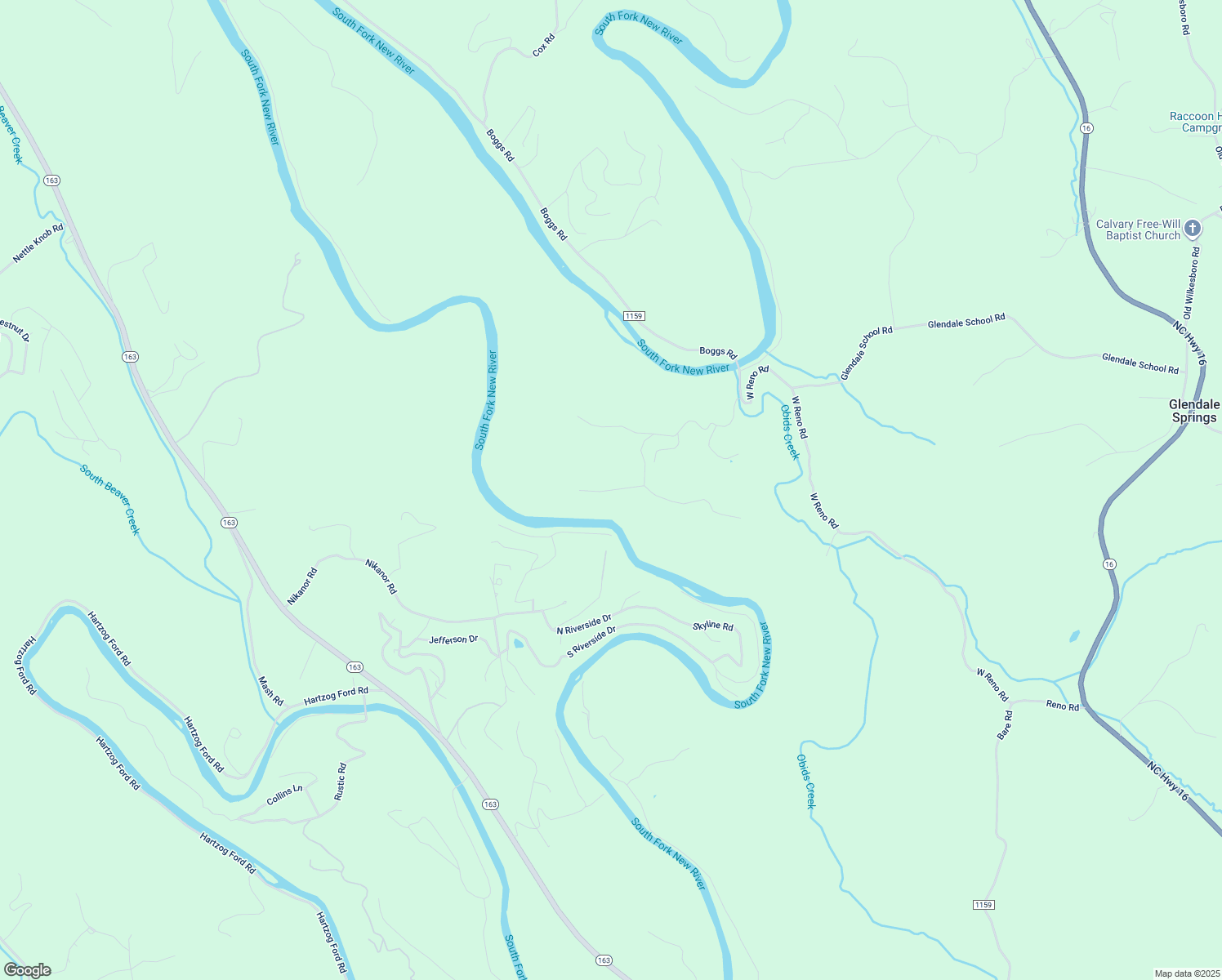 map of restaurants, bars, coffee shops, grocery stores, and more near Riverwood Drive in Ashe County