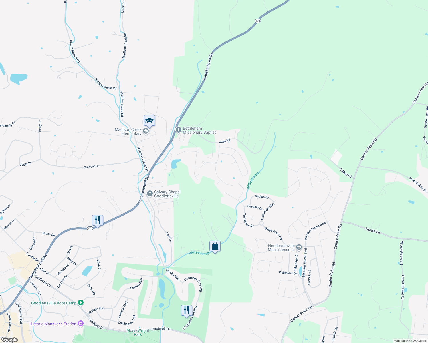 map of restaurants, bars, coffee shops, grocery stores, and more near 377 Old Stone Road in Goodlettsville
