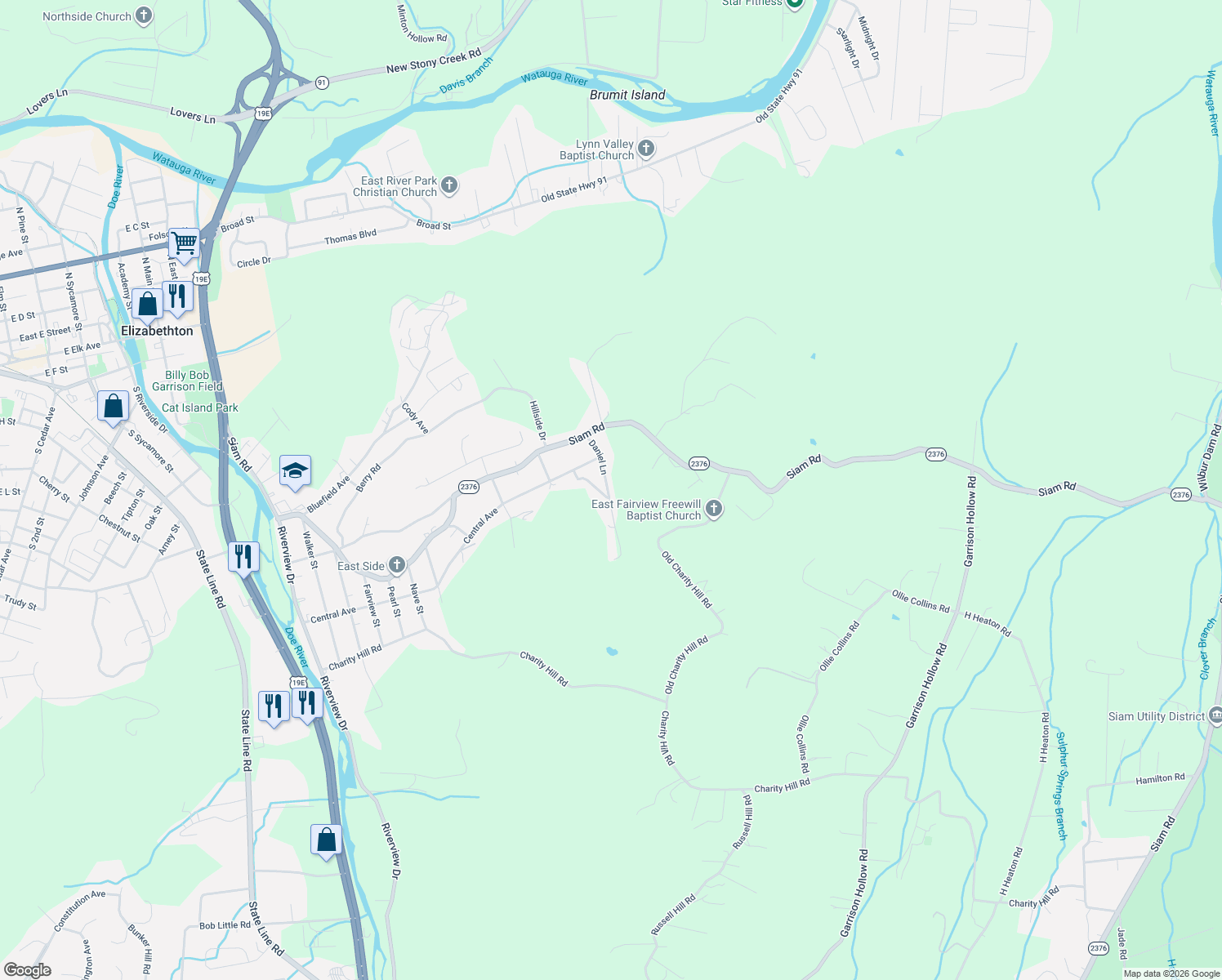 map of restaurants, bars, coffee shops, grocery stores, and more near 137 Daniel Lane in Elizabethton