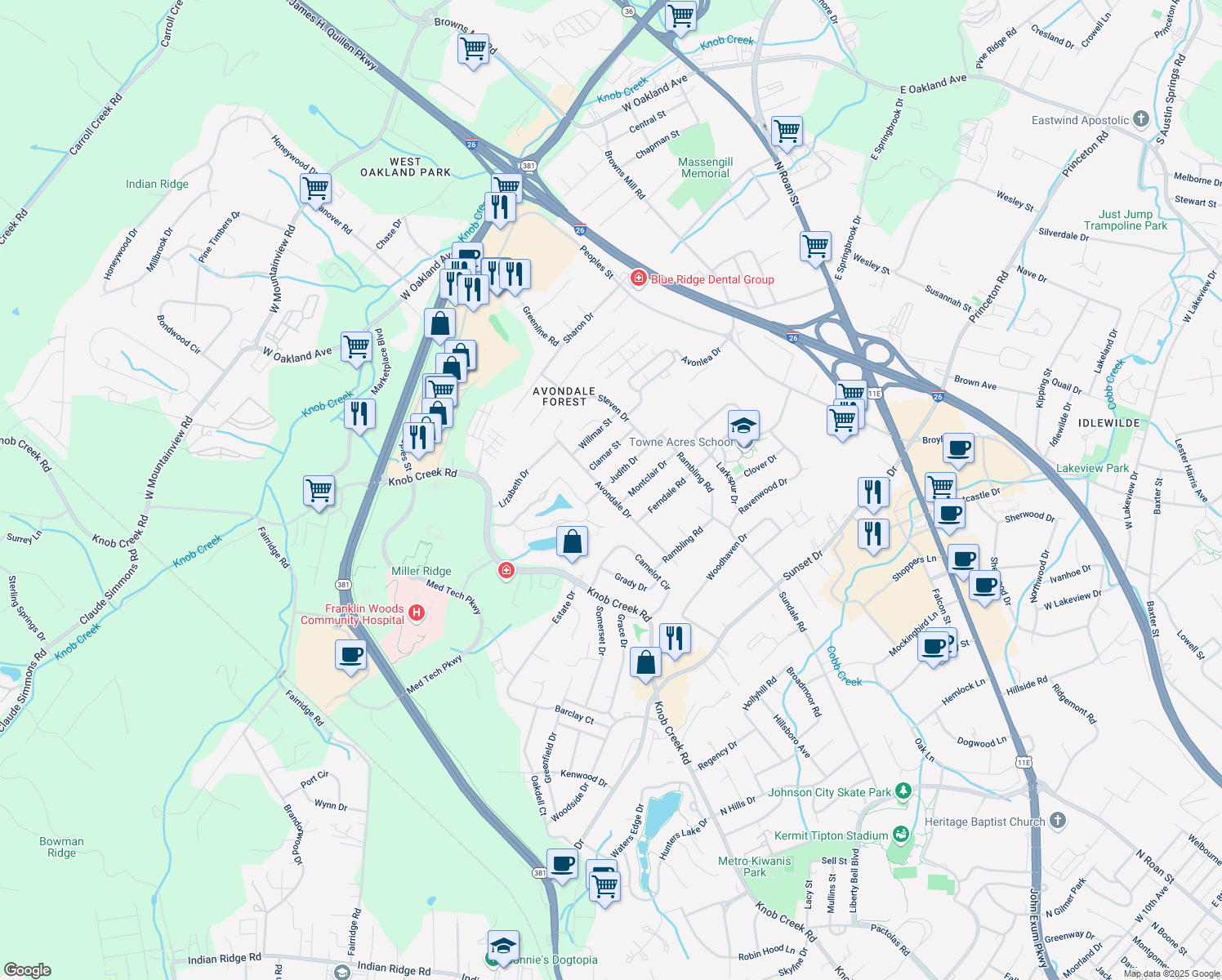 map of restaurants, bars, coffee shops, grocery stores, and more near 719 Judith Dr in Johnson City