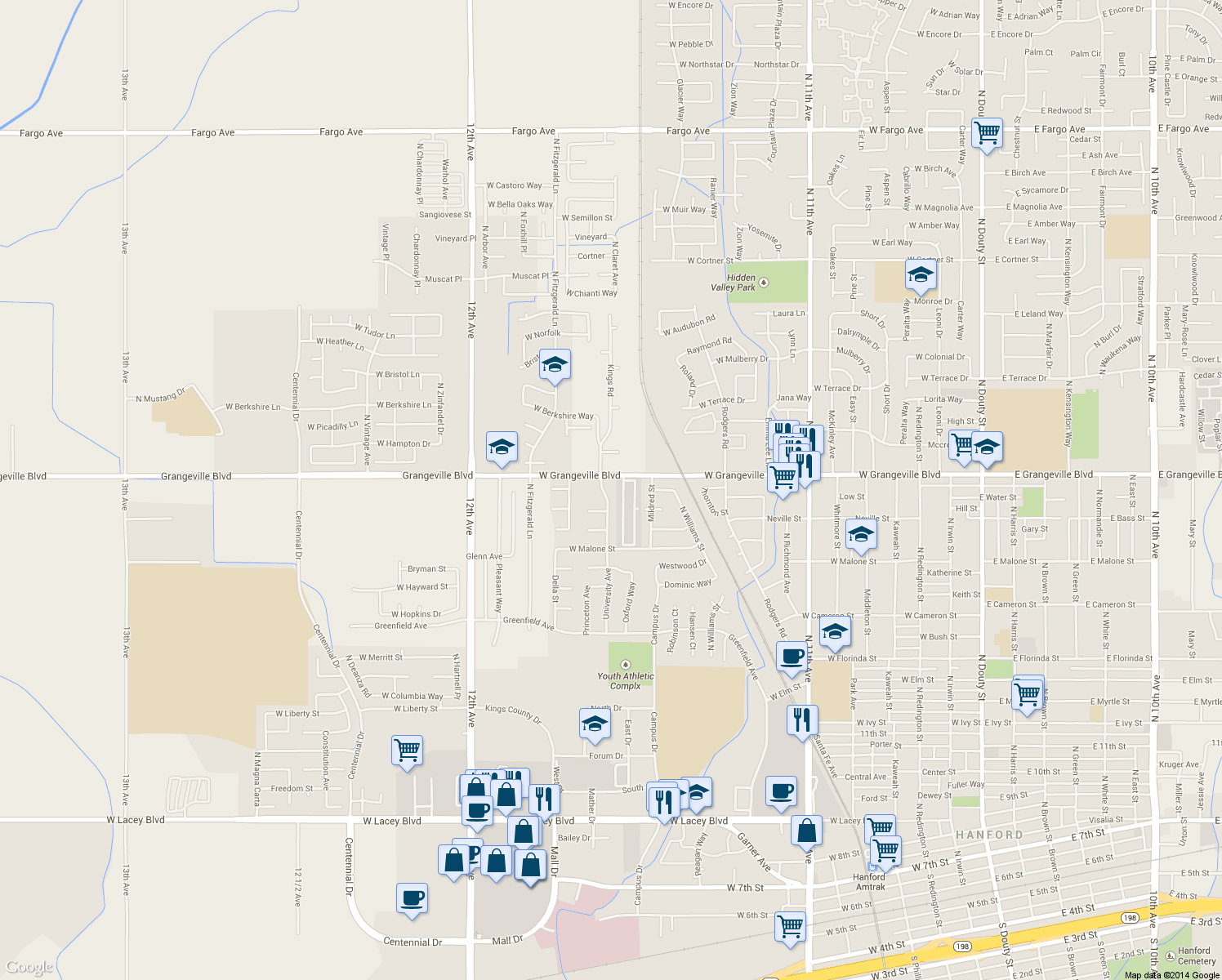 map of restaurants, bars, coffee shops, grocery stores, and more near 1639 University Avenue in Hanford
