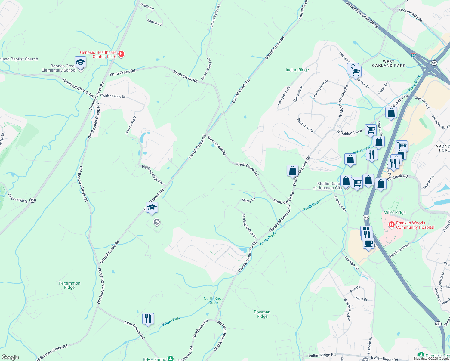 map of restaurants, bars, coffee shops, grocery stores, and more near 131 Simmons Ridge in Johnson City