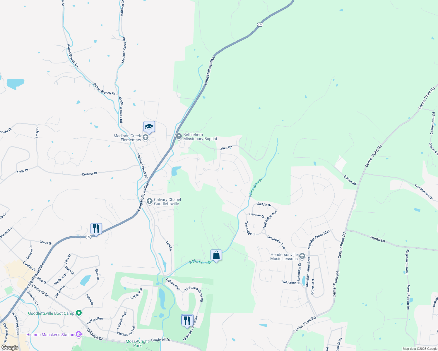 map of restaurants, bars, coffee shops, grocery stores, and more near 377 Old Stone Road in Goodlettsville