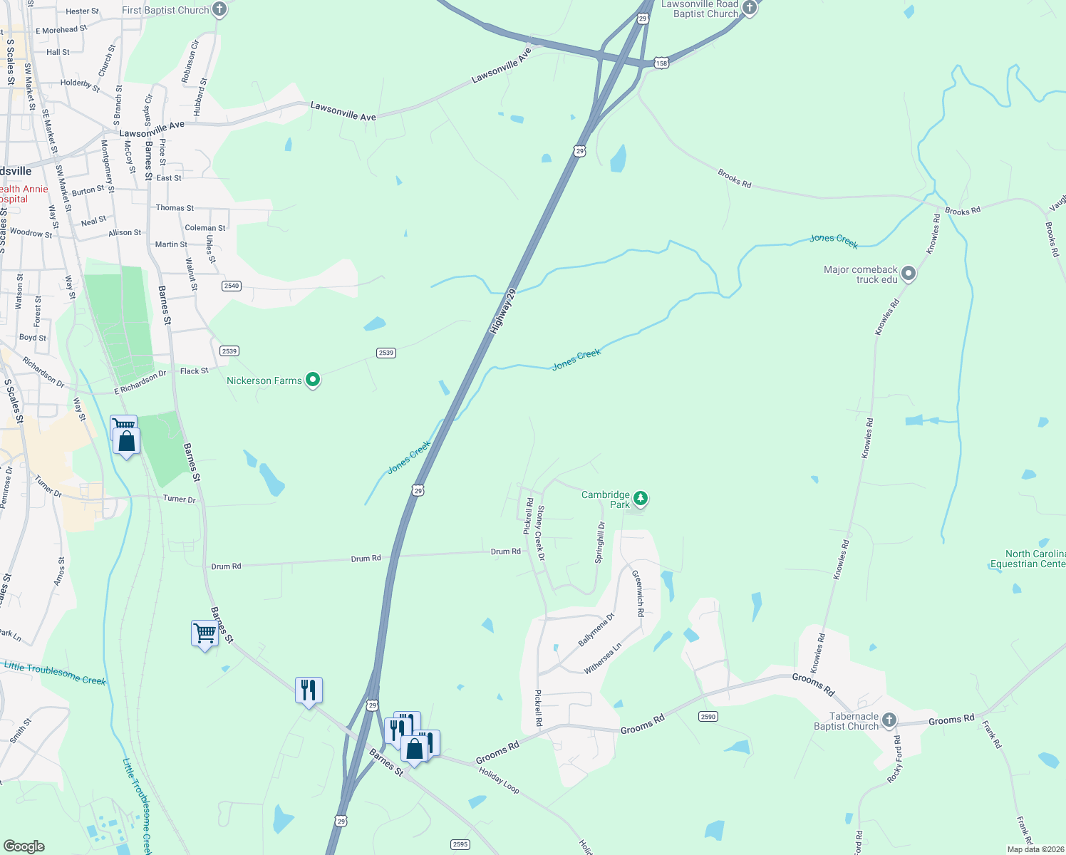 map of restaurants, bars, coffee shops, grocery stores, and more near 112 Brookview Drive in Reidsville