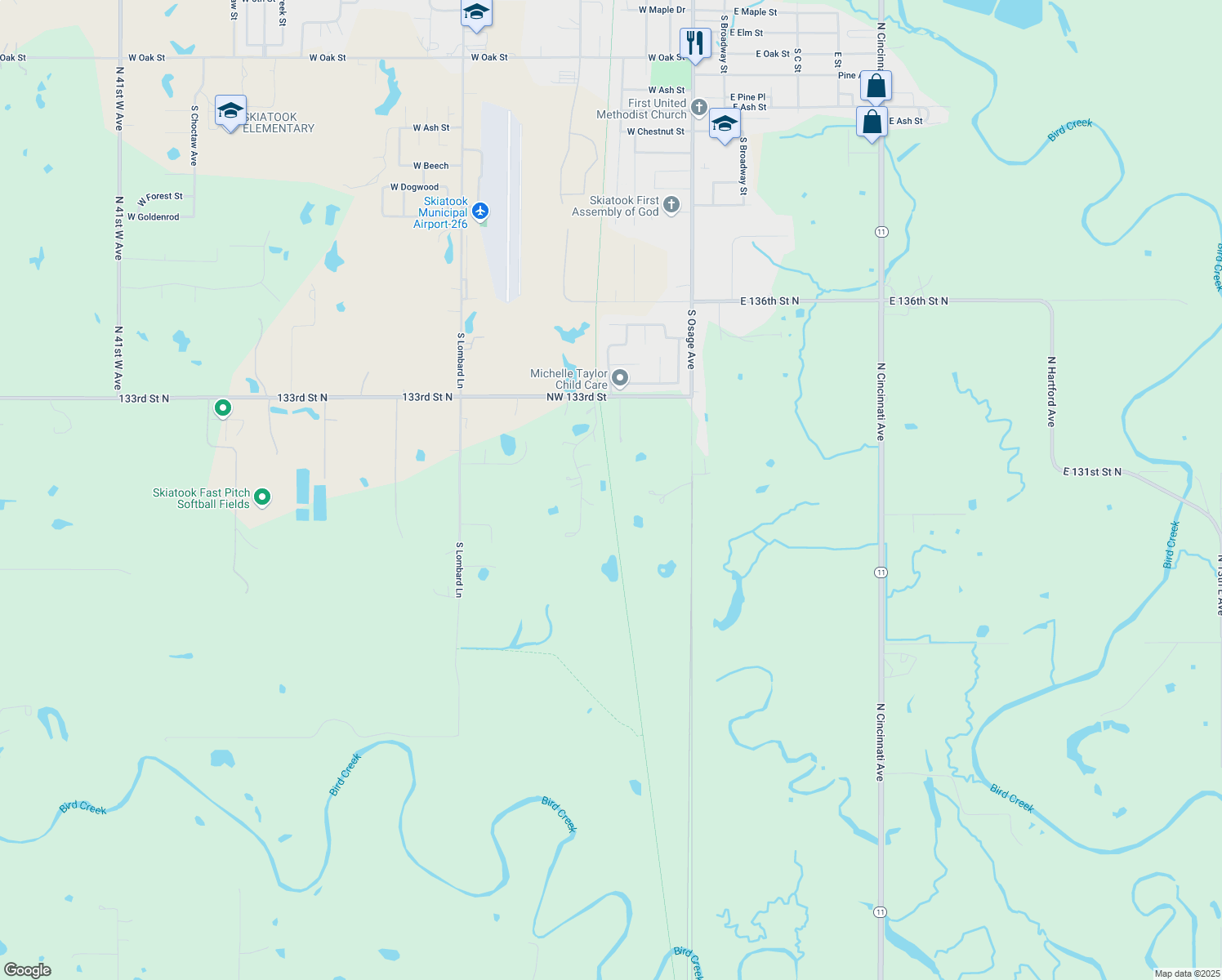 map of restaurants, bars, coffee shops, grocery stores, and more near Osage Praire Trail in Skiatook