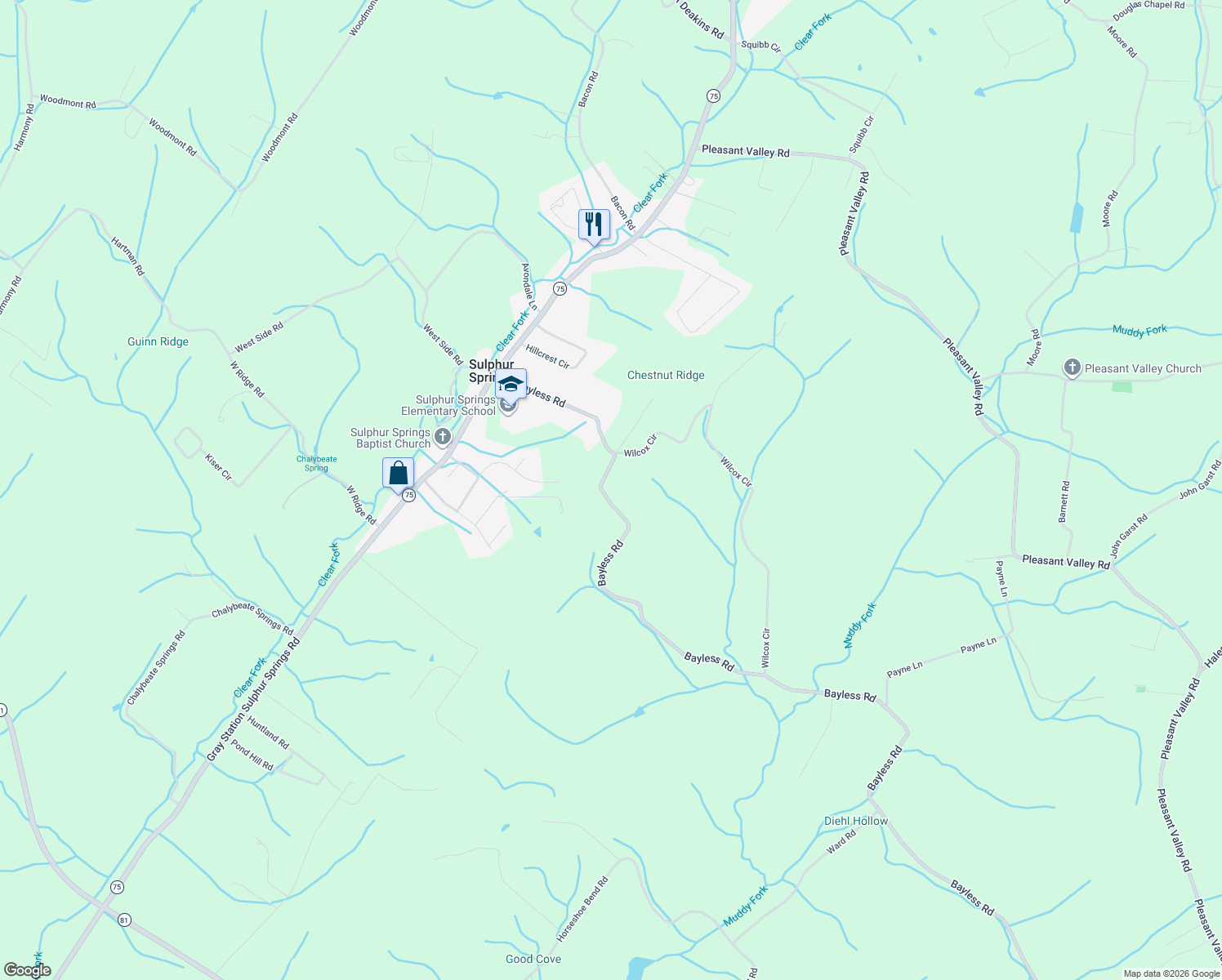 map of restaurants, bars, coffee shops, grocery stores, and more near 187 Bayless Road in Jonesborough