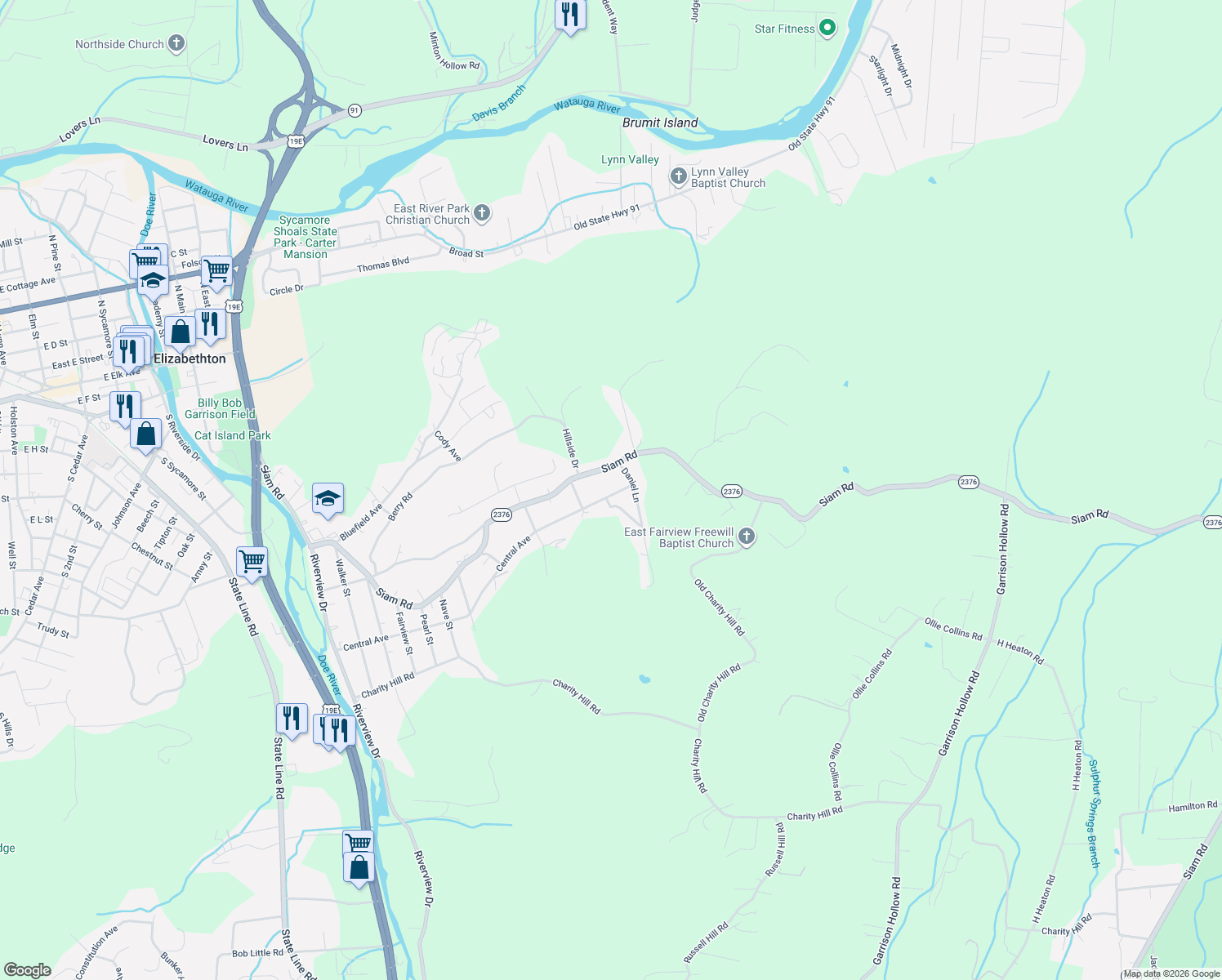 map of restaurants, bars, coffee shops, grocery stores, and more near 112 Daniel Lane in Elizabethton