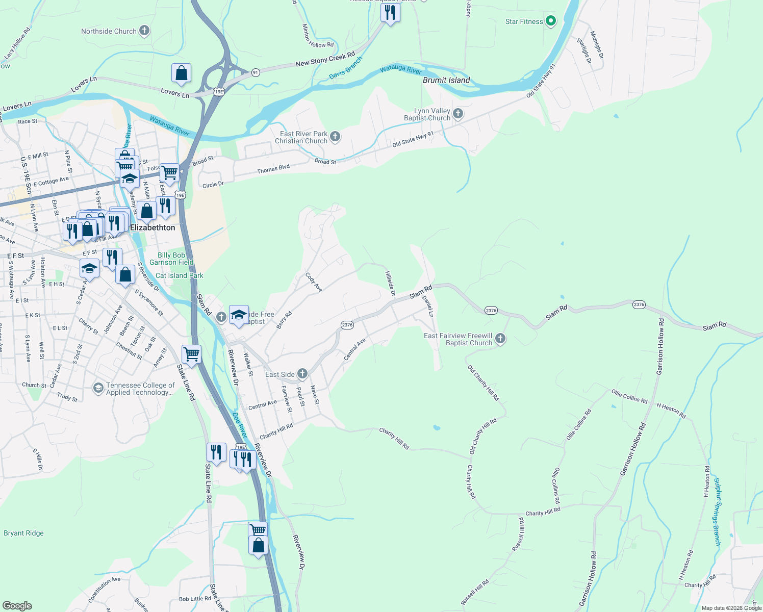 map of restaurants, bars, coffee shops, grocery stores, and more near 1722 Siam Road in Elizabethton