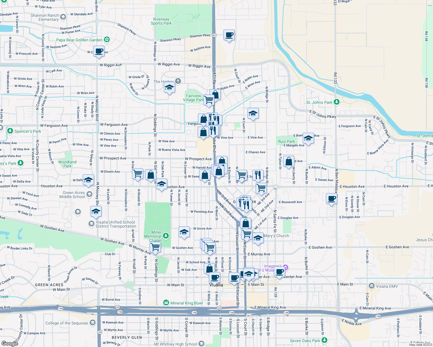 map of restaurants, bars, coffee shops, grocery stores, and more near 1538 North Dinuba Boulevard in Visalia