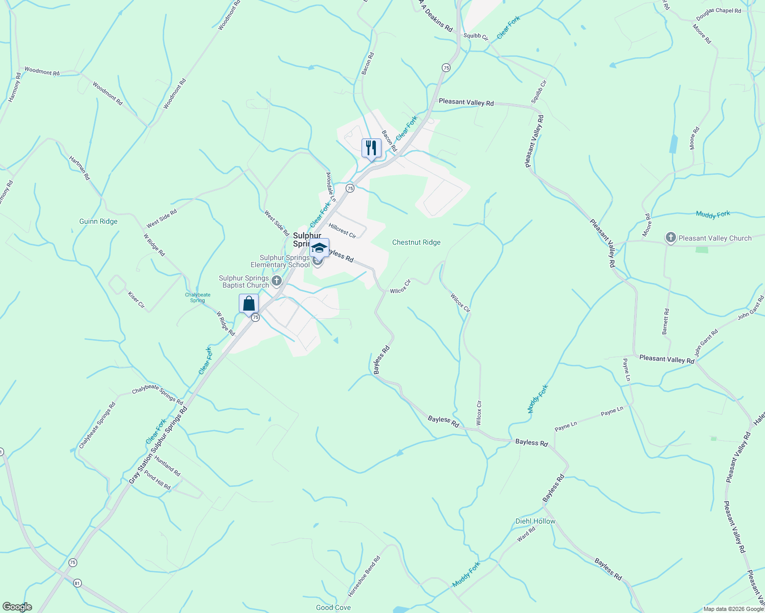 map of restaurants, bars, coffee shops, grocery stores, and more near 187 Bayless Road in Jonesborough