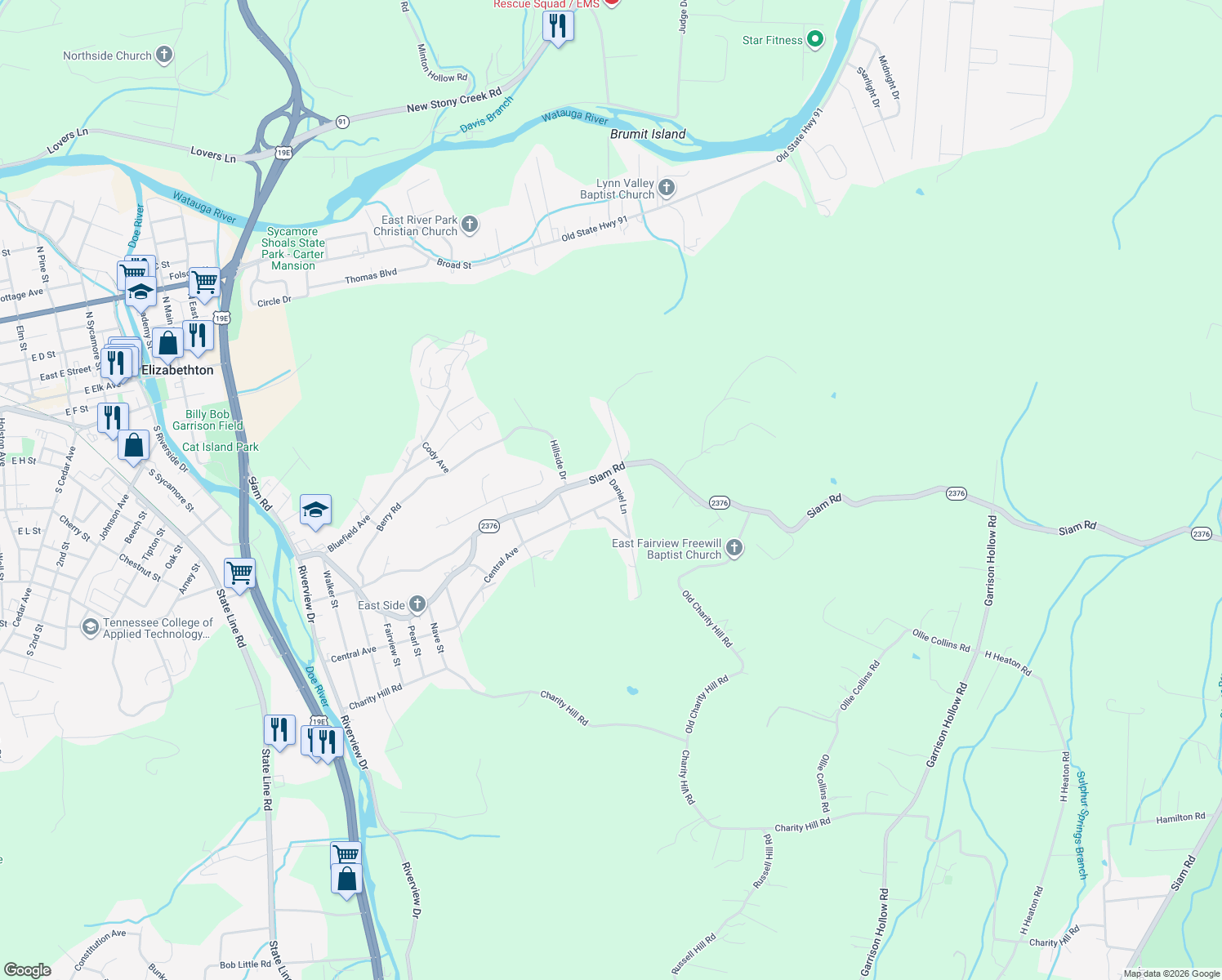 map of restaurants, bars, coffee shops, grocery stores, and more near 112 Daniel Lane in Elizabethton