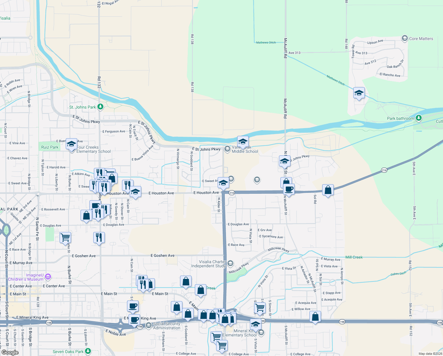 map of restaurants, bars, coffee shops, grocery stores, and more near 2838 East Sweet Avenue in Visalia