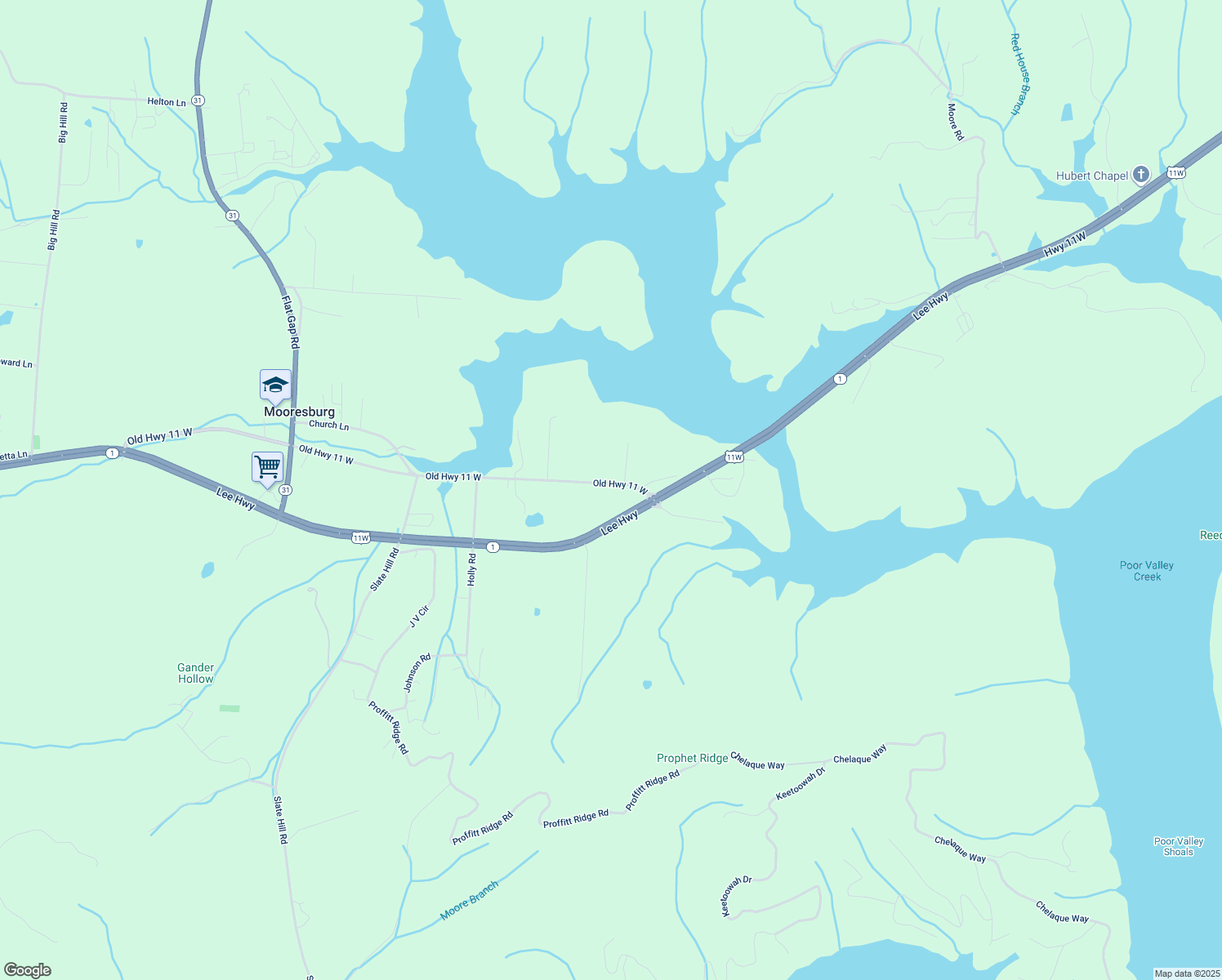 map of restaurants, bars, coffee shops, grocery stores, and more near 113 Old Highway 11 West in Mooresburg