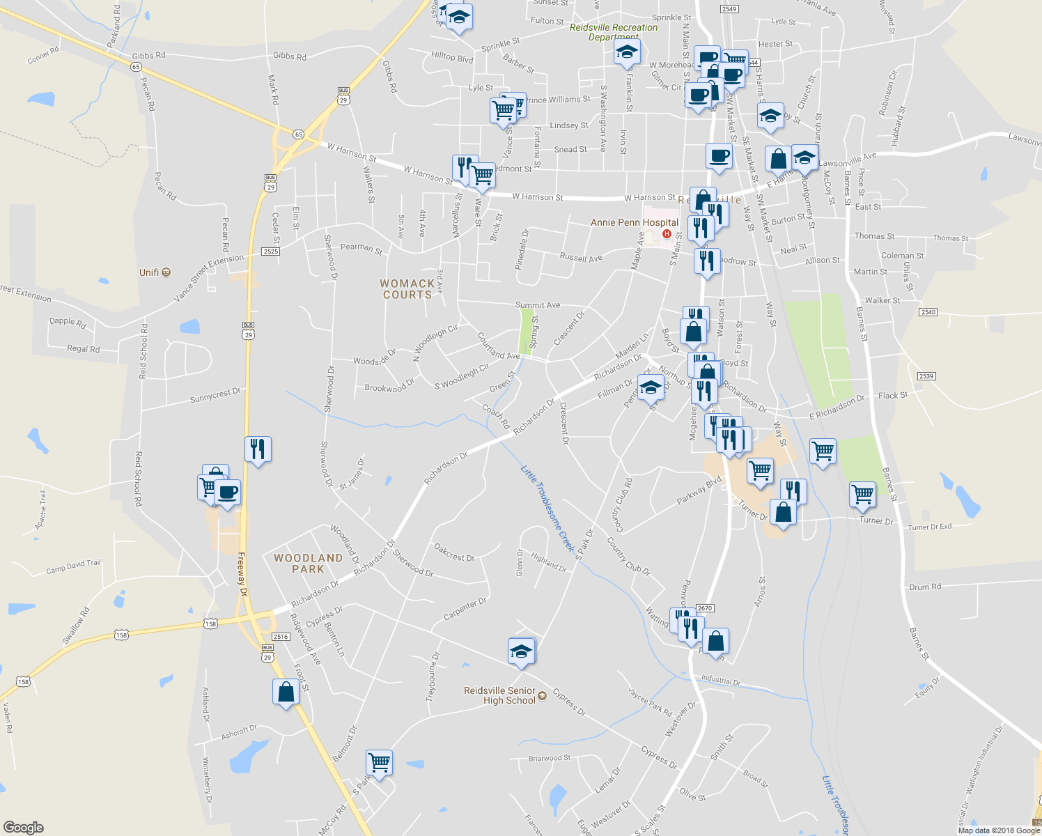 map of restaurants, bars, coffee shops, grocery stores, and more near 1430 Richardson Drive in Reidsville