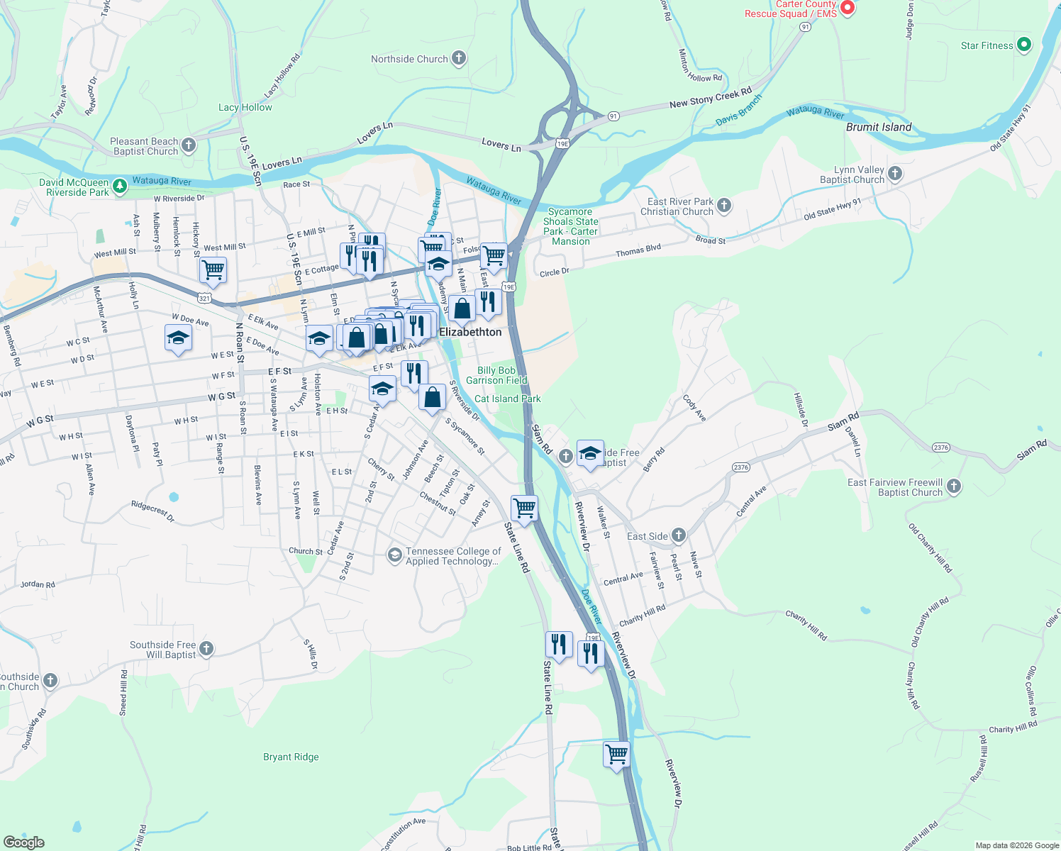 map of restaurants, bars, coffee shops, grocery stores, and more near 485 Riverview Drive in Elizabethton