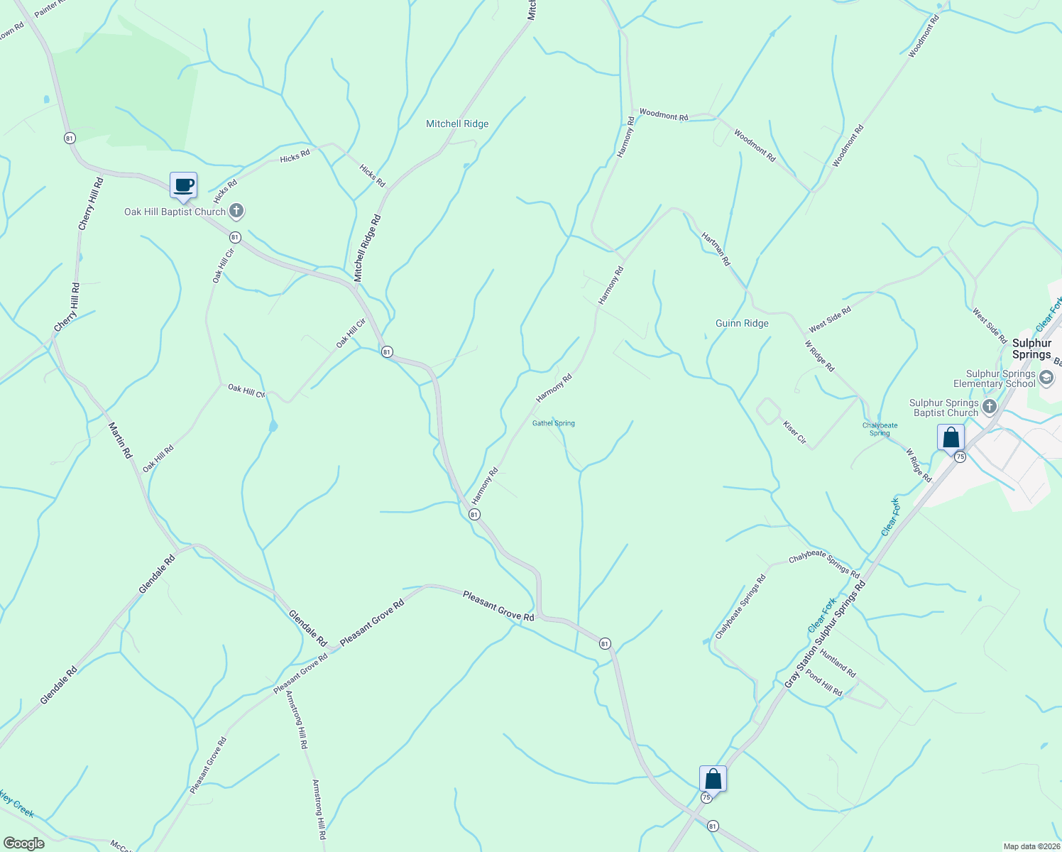 map of restaurants, bars, coffee shops, grocery stores, and more near 164 Asphalt Plant Road in Jonesborough