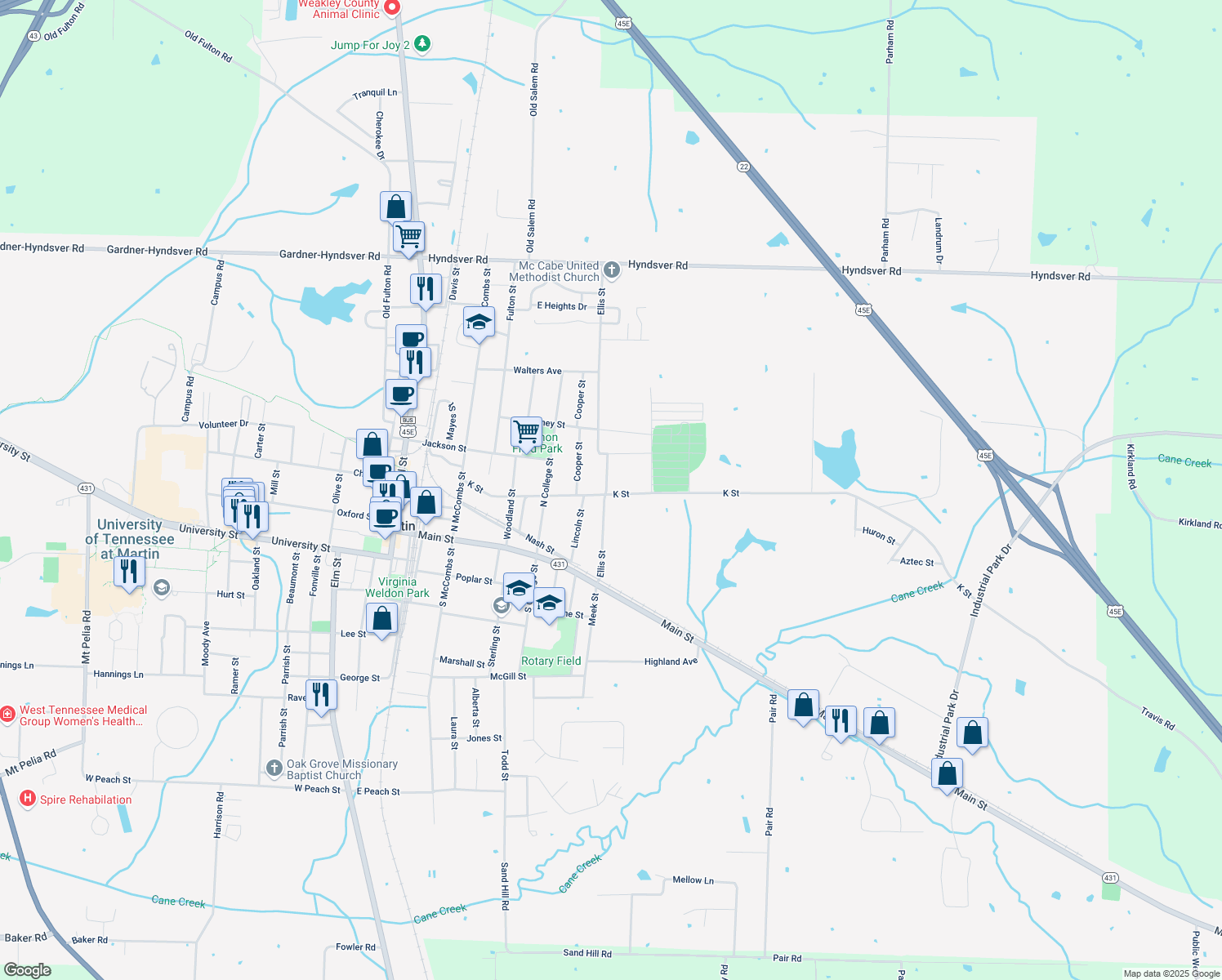 map of restaurants, bars, coffee shops, grocery stores, and more near 502 K Street in Martin
