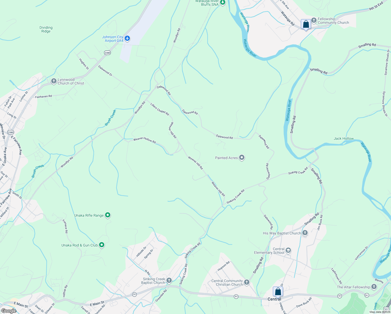 map of restaurants, bars, coffee shops, grocery stores, and more near 200 Weaver Hollow Rd in Johnson City